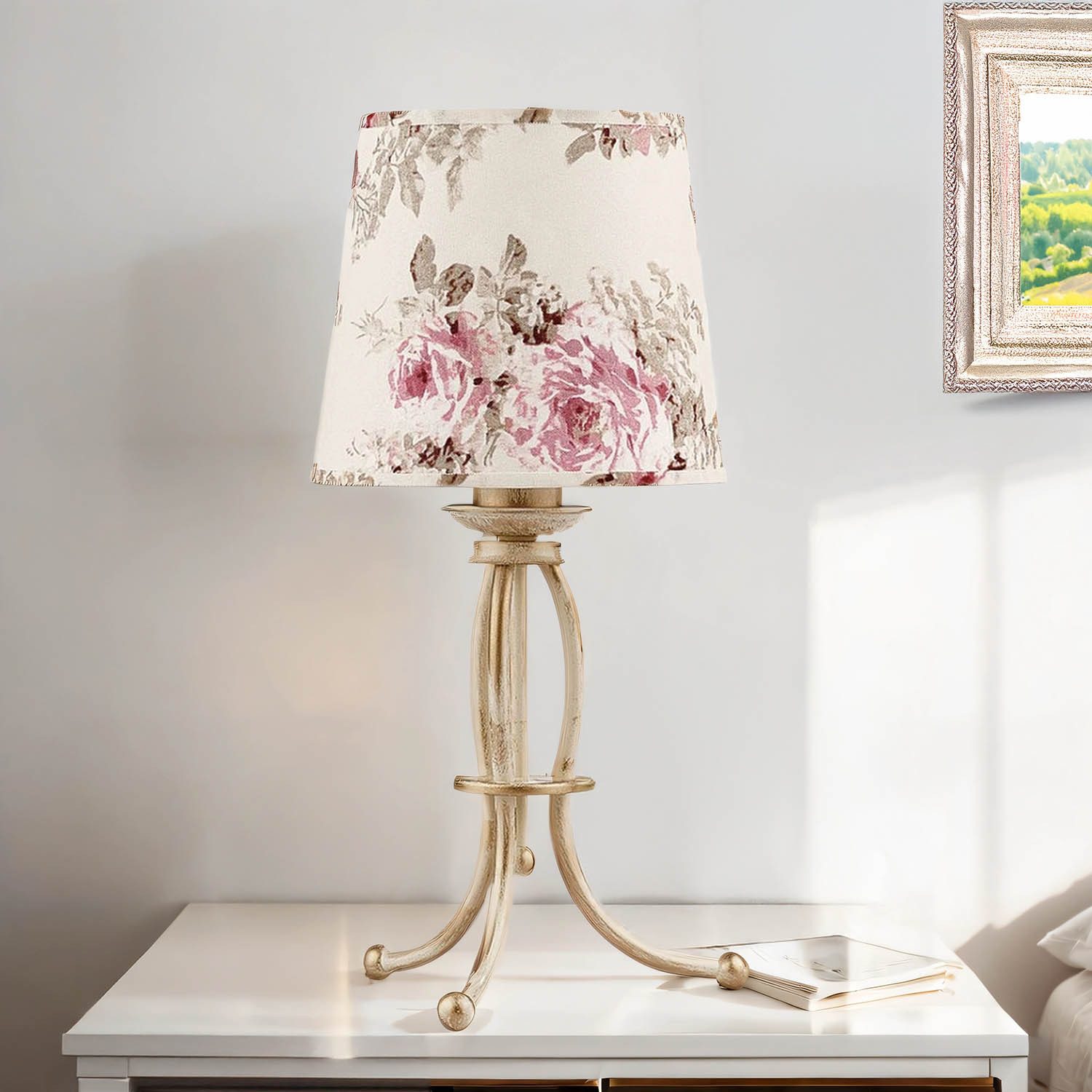 Licht-Erlebnisse Nachttischlampe CRINE, ohne Leuchtmittel, Tischleuchte Shabby Chic 42cm Blumen