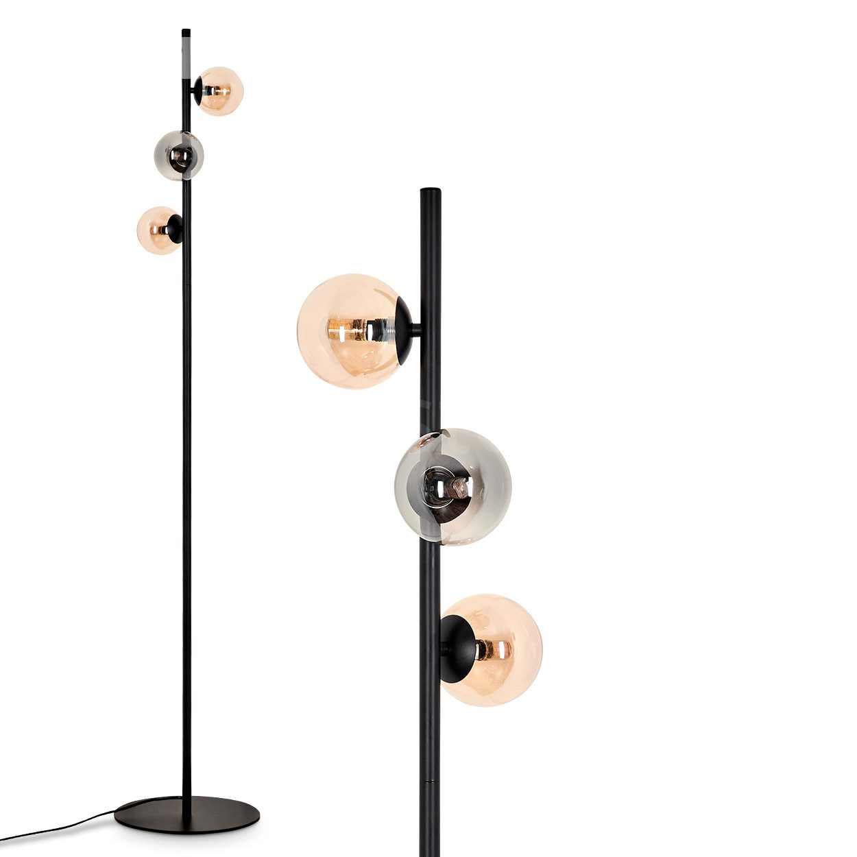 Stehlampe Stehlampe aus Metall/Glas in Schwarz/Bernstein/Rauch