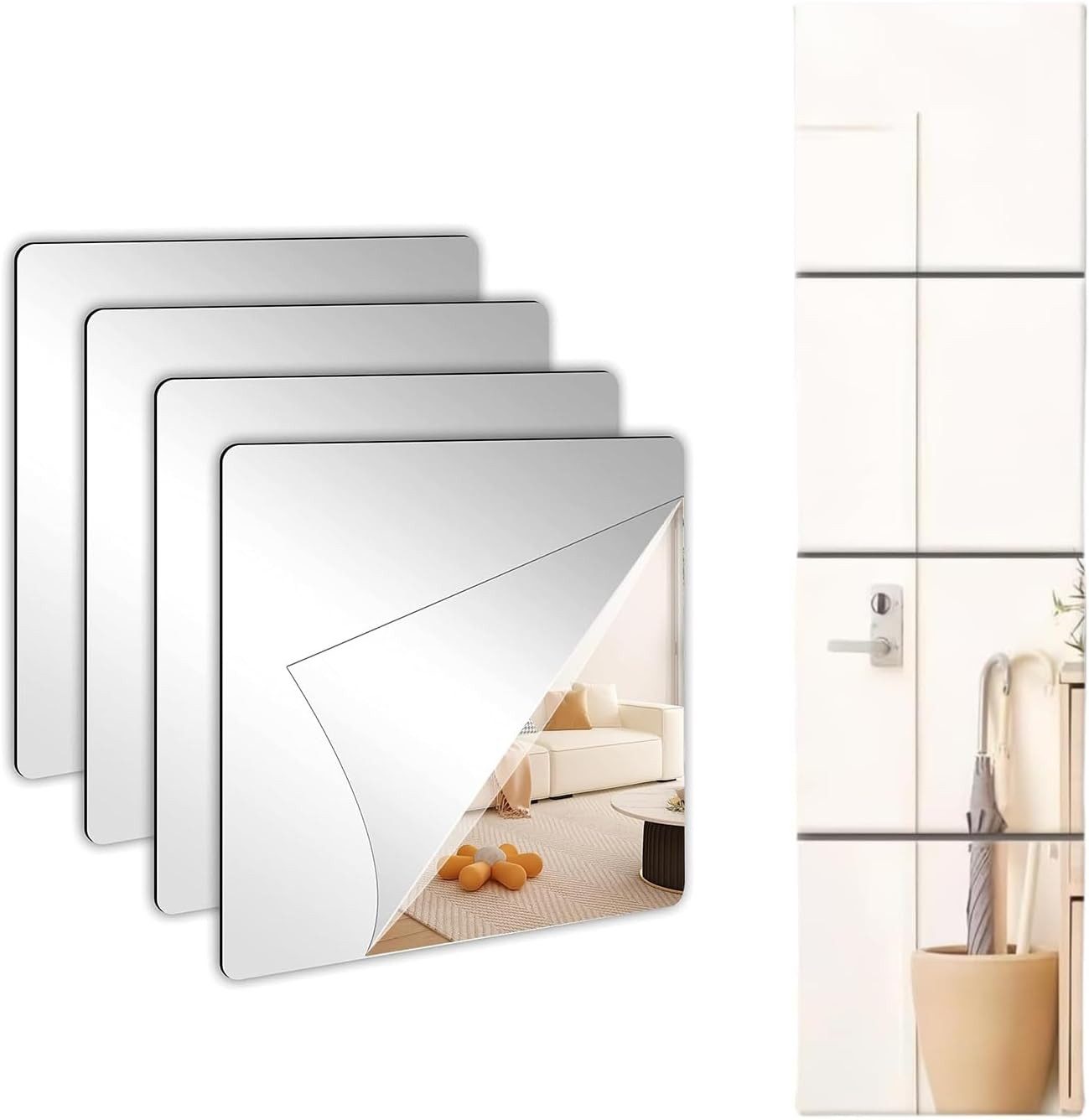 Mrilary Wandspiegel 4 Stück Spiegelfliesen Selbstklebend HD Spiegel Glasspiegel, Deko Spiegel zum Aufkleben auf Schrank Tür Wohnzimmer Wand