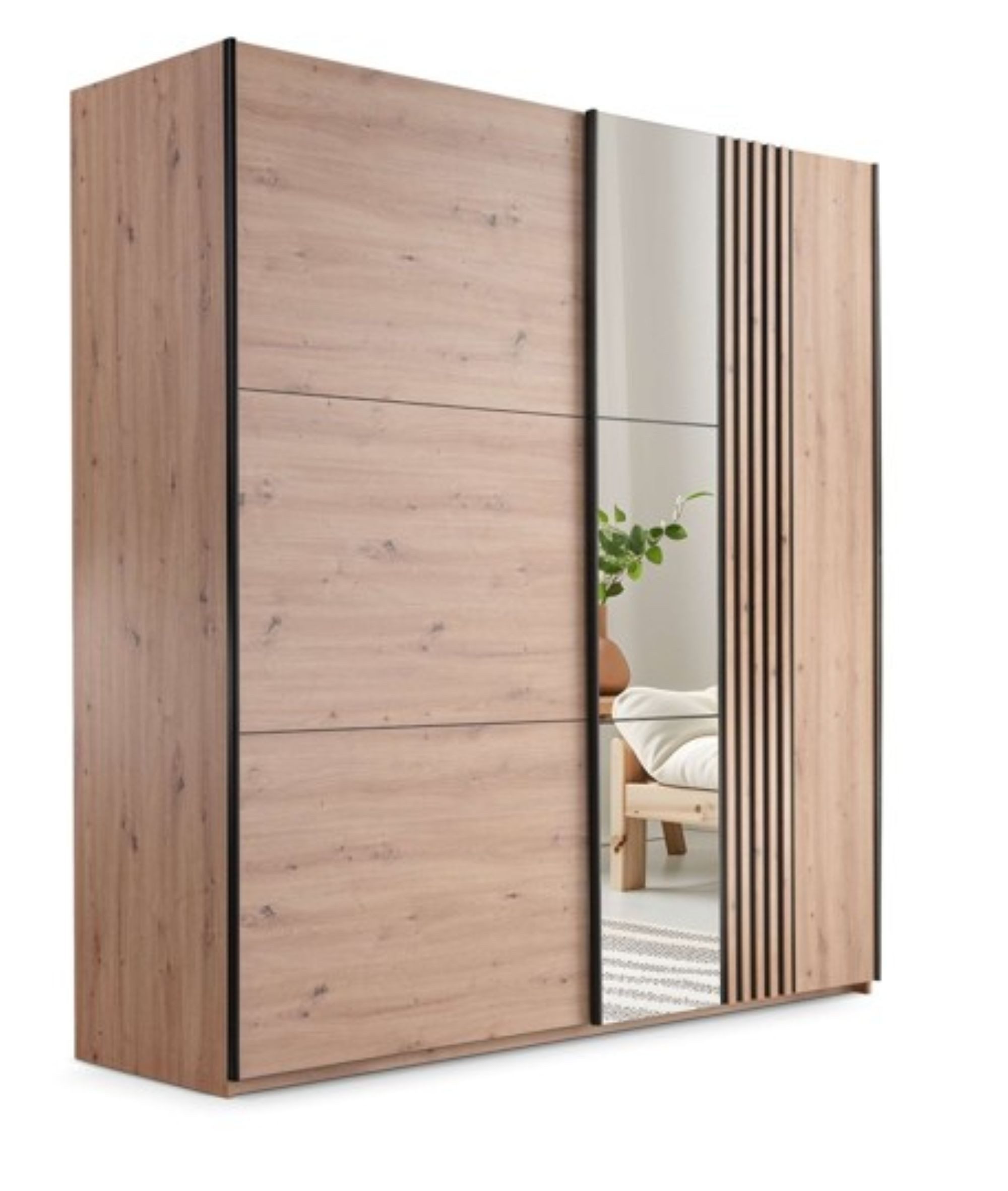 COMBO Schiebetürenschrank 203x215cm Kleiderschrank Spiegel Lamellen Kleiderstange Schlafzimmer (2 Schiebetüren 1 Kleiderstange 5 Regalfächer) Schwebetüren Spiegel Lamellen Regalfächer stilvoll modern