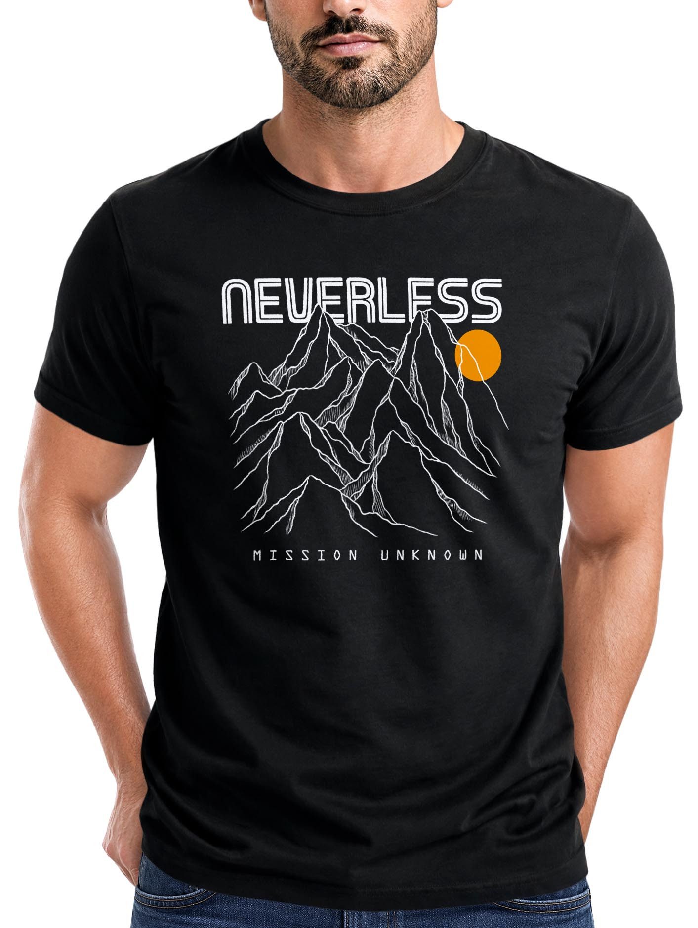 Print-Shirt Herren T-Shirt Frontprint Gebirge Line-Art Printshirt Wandern Outdoor