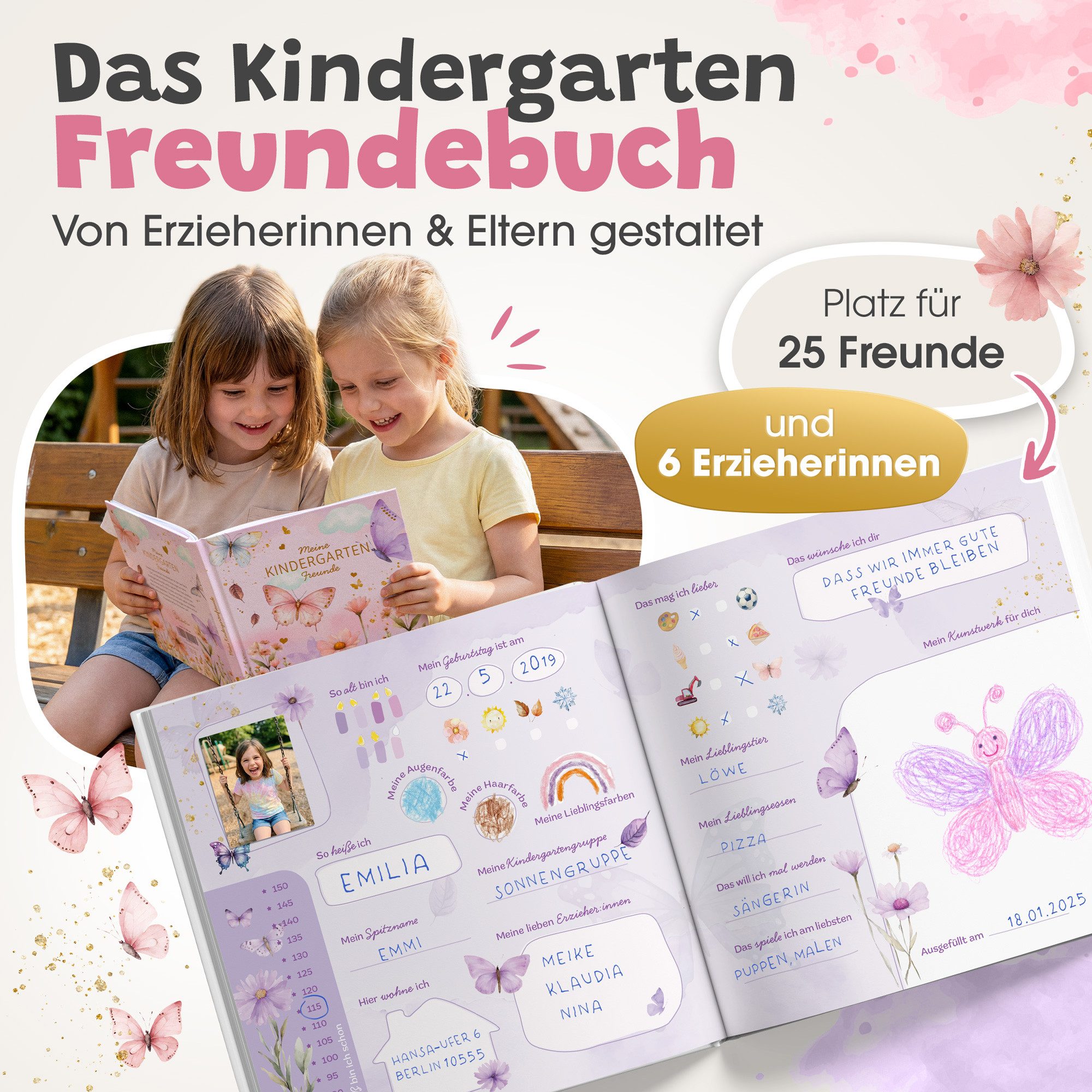 Eulentaler Freundebuch Kindergarten Einhorn I Von Erzieherinnen gestaltet I, Handgemalte Einhörner & Prinzessinnen I Kinderfreundliche Gestaltung – Bild 3 von 5