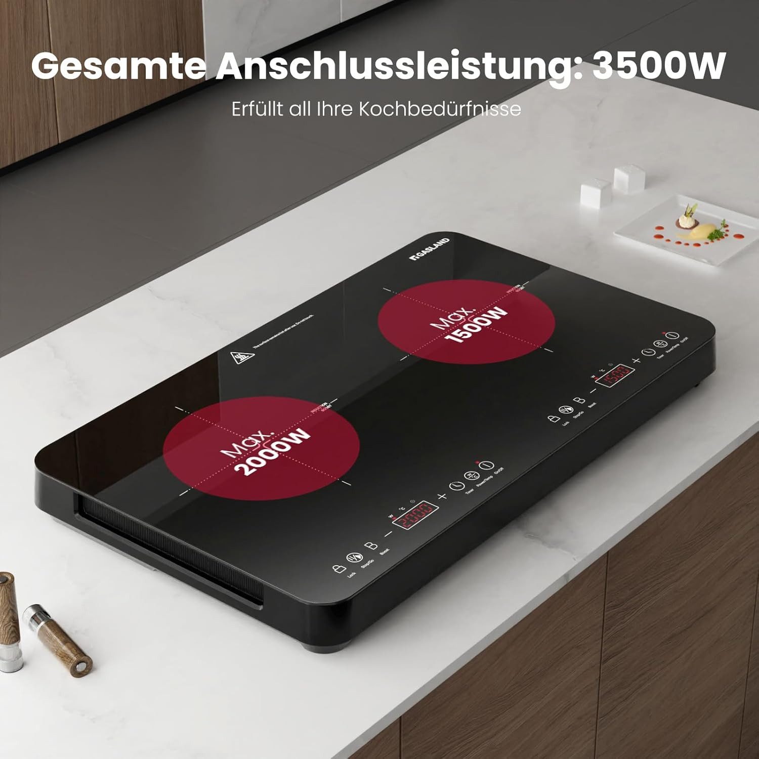 GASLAND Doppel-Induktionskochplatte IH582BTA, 3500W Mobil Induktionskochfeld, 10 Leistungsstufen mit Touch Display