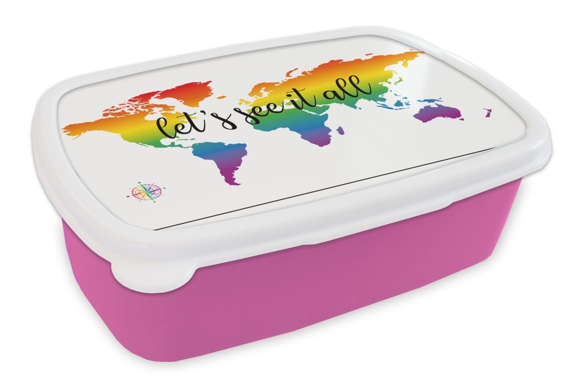 MuchoWow Lunchbox Weltkarte - Regenbogen - Kompass, Kunststoff, (2-tlg), Brotbox für Erwachsene, Brotdose Kinder, Snackbox, Mädchen, Kunststoff rosa