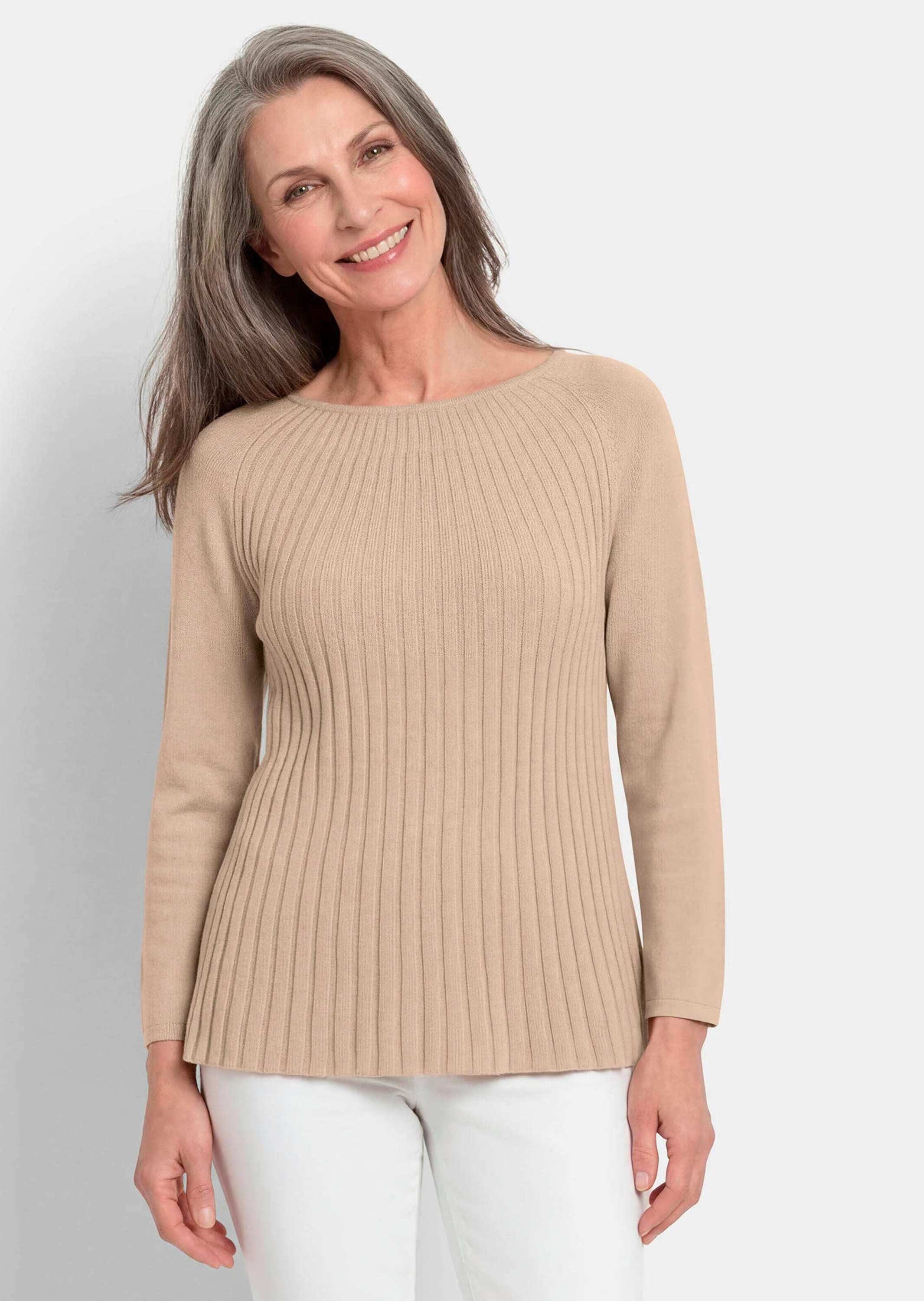 GOLDNER Strickpullover Tunikapullover in A-Linie Weicher Strickpullover mit U-Boot-Ausschnitt und Raglanärmeln
