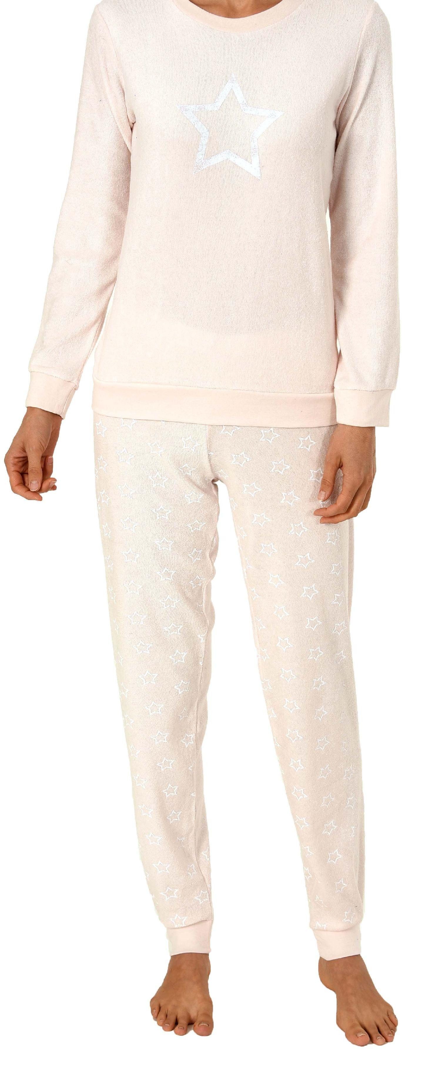 RELAX by Normann Pyjama Damen Frottee Pyjama langarm Schlafanzug mit Bündchen + Sterne Optik