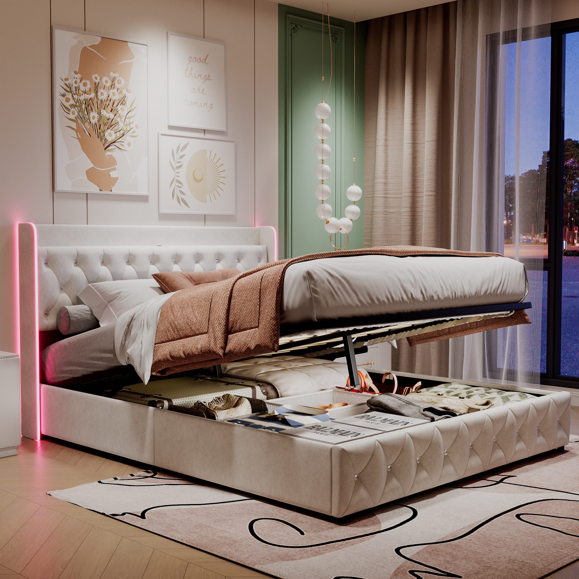 PXloue Polsterbett Doppelbett mit LED Licht 140x200cm,Hydraulisch anhebbare günstig online kaufen
