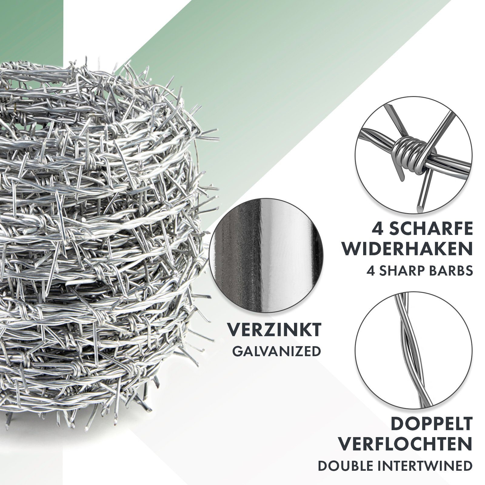 Karat Draht Stacheldraht verzinkt grün Zaunschutz Absperrdraht Klingeldraht, (Verzinkt oder kunststoffbeschichtet), Länge: 16 m oder 50 m – Bild 4 von 5