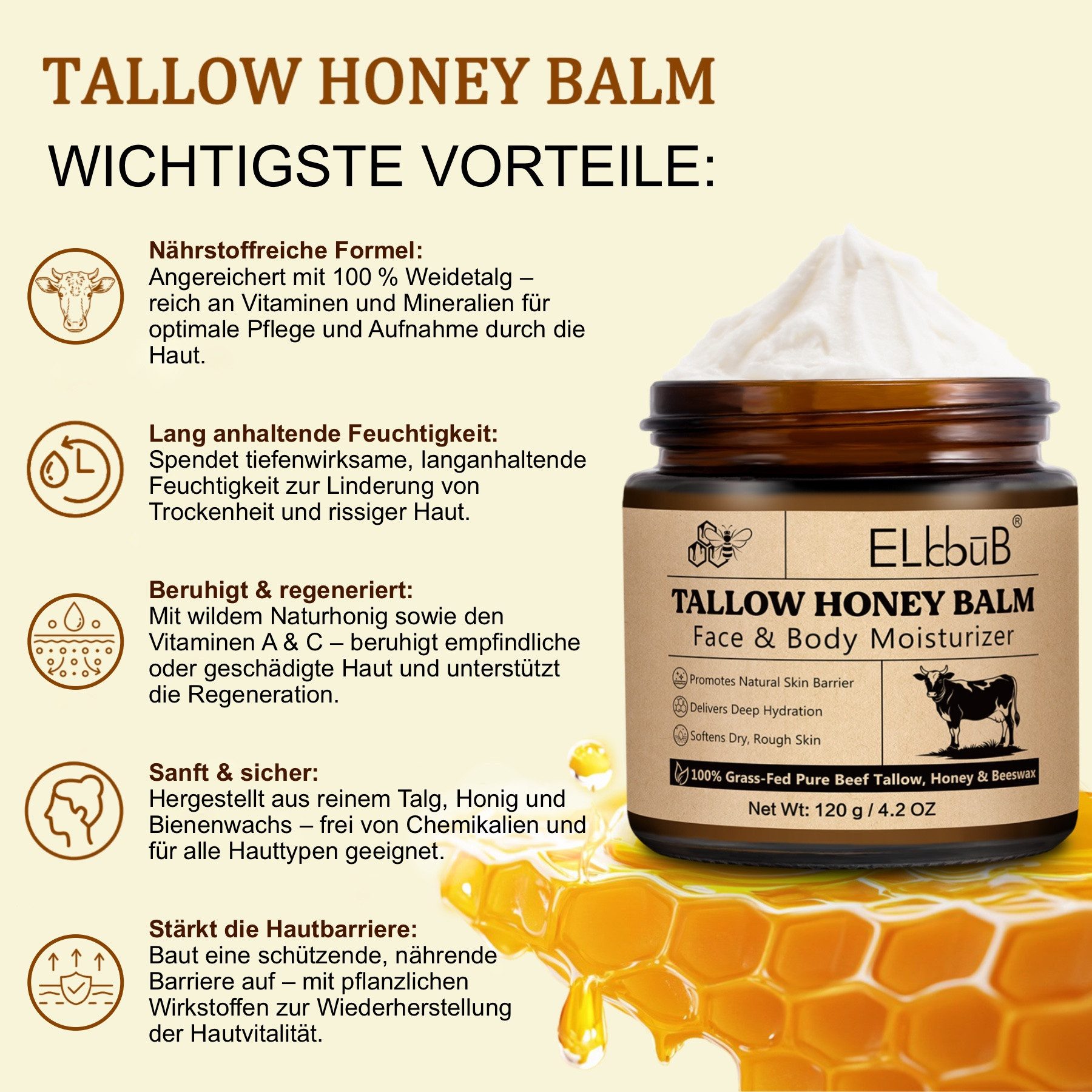 P-Beauty Cosmetic Accessories Feuchtigkeitscreme Gesicht Balsam Hautcreme Hautpflegecreme Rindertalg Honig Beef Tallow, 1-tlg., Feuchtigkeitscreme, Tagespflege, Tagescreme