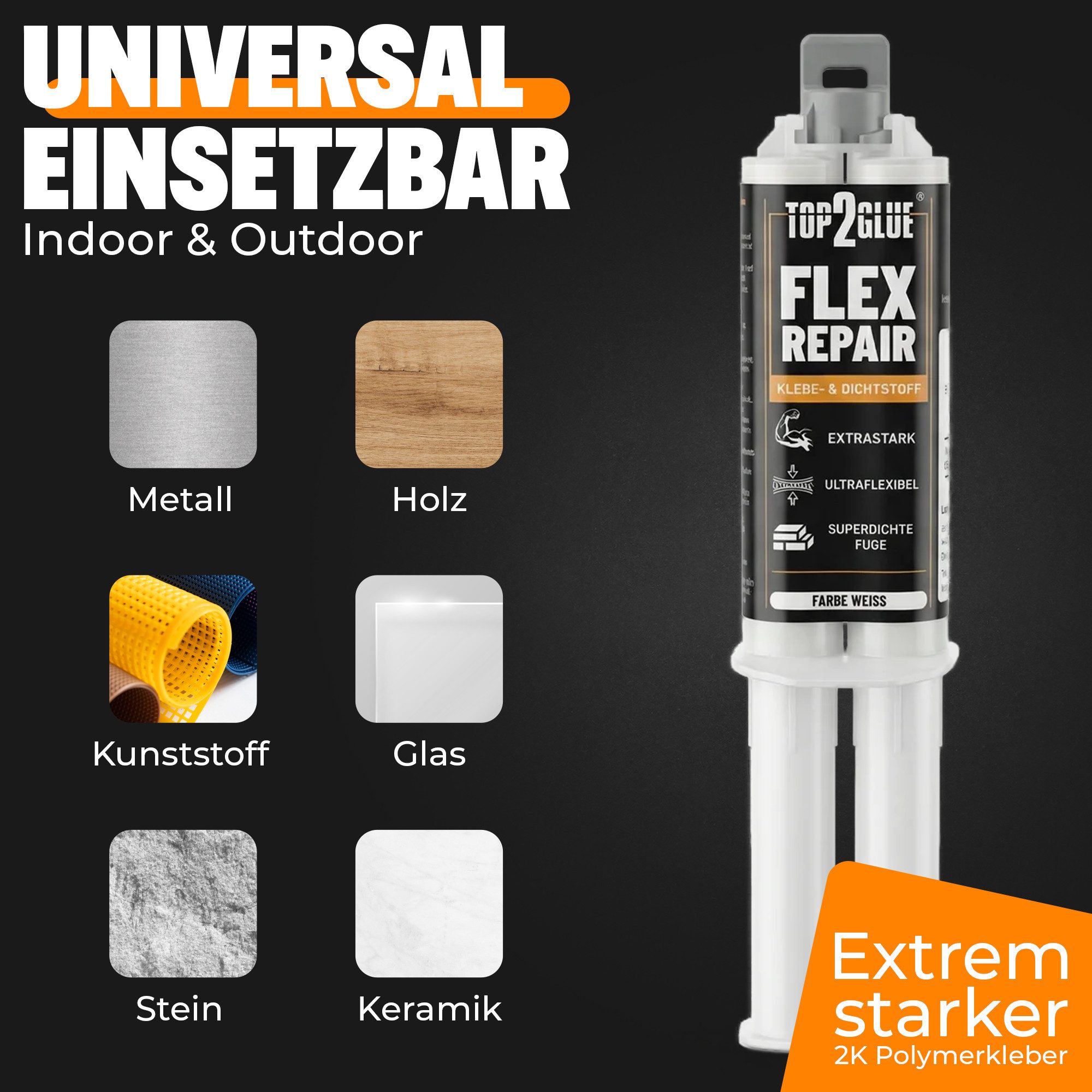 Top2Glue Montagekleber 2K-Kleber Flex Repair 2K MS Polymer, weiß, 35 g mit 4 Mischdüsen – Bild 3 von 5