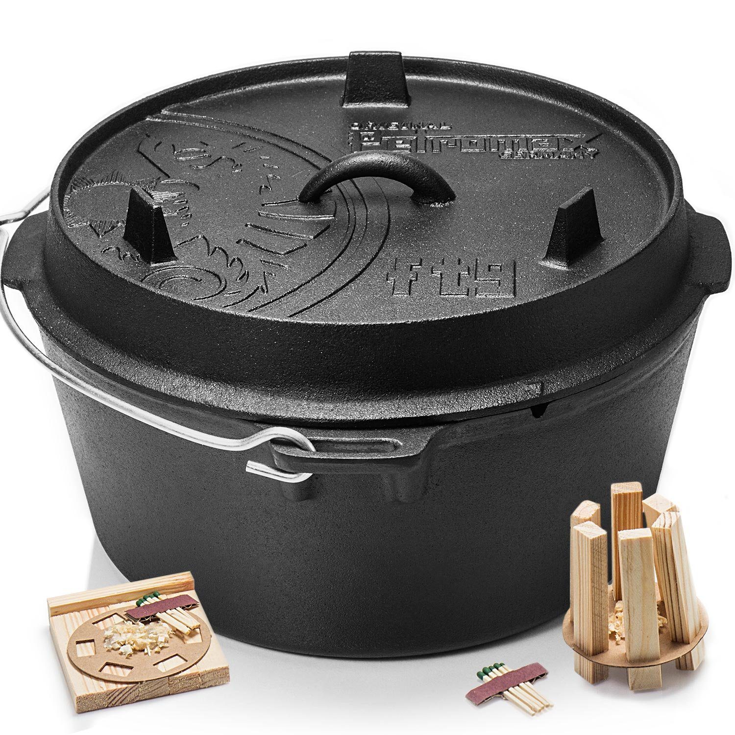 Petromax Schmortopf Feuertopf ft9 mit Deckel ohne Füße Dutch Oven, Gusseisen (Spar-Set, 3-tlg., für 8-14 Personen geeignet), Deckel mit Henkel, als Pfanne nutzbar, Topf induktionsfähig