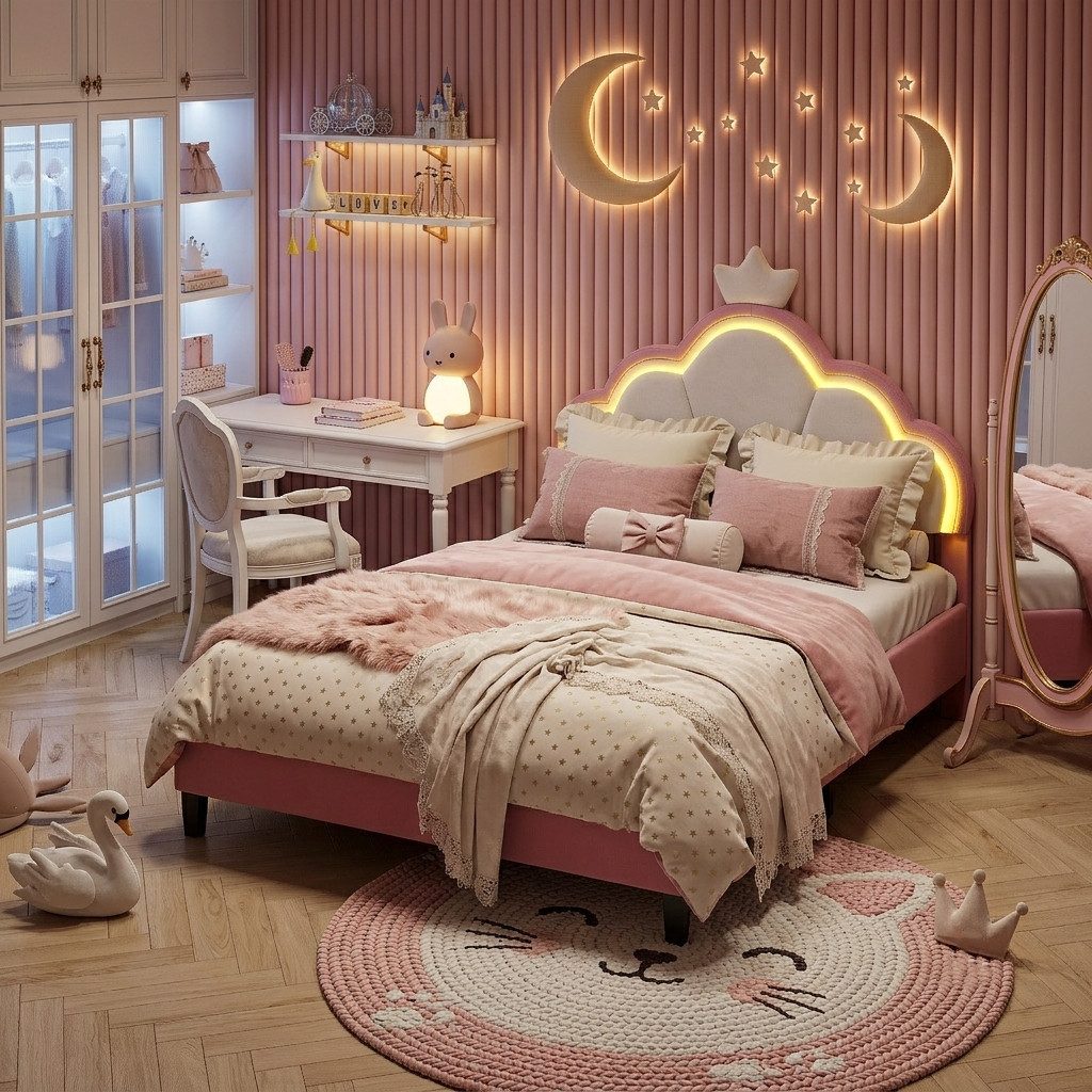 Simurq Polsterbett Kinderbetten,Polsterbetten,Einzelbetten,Jugendbett,90x200 cm (inkl. Lattenrost, Ohne Matratze, mit Kopfteil), Verstellbare Kopfteilhöhe, mit LED-Beleuchtung, Samt, Rosa, 90x200 cm