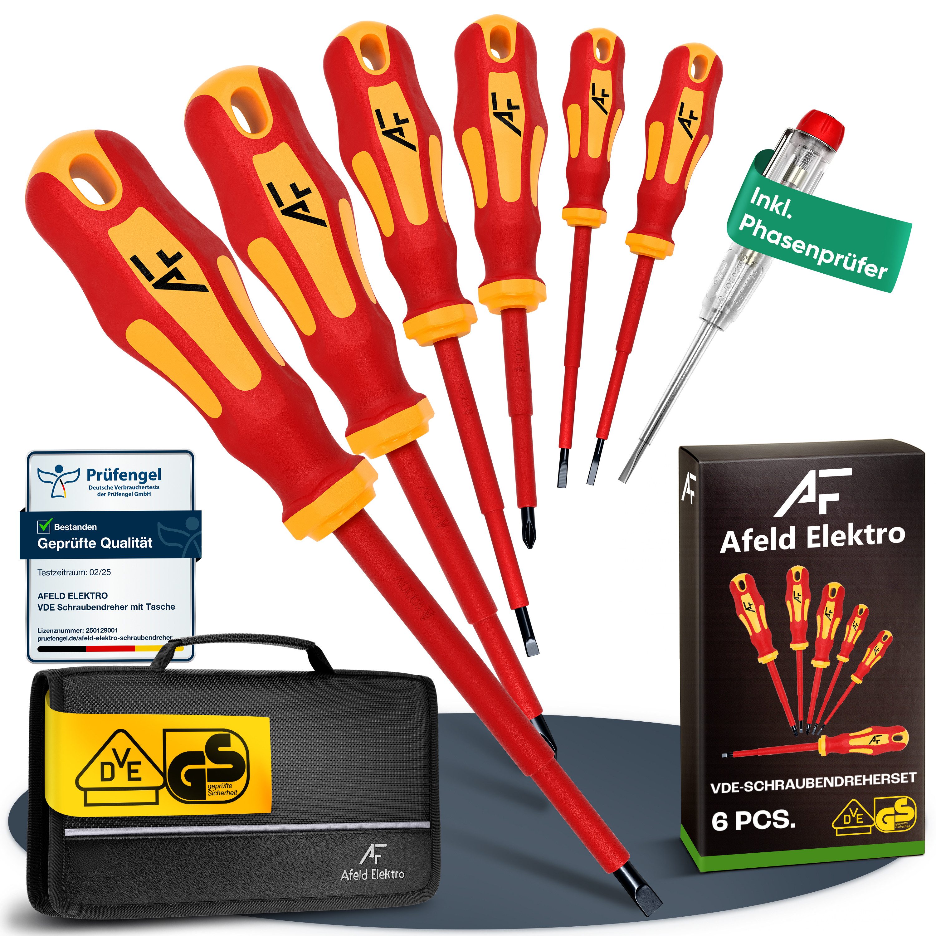 Afeld Elektro Schraubendreher VDE Elektriker Set 8-tlg., (8 St), bis 1.000V, S2-Stahl, Ergonomisch, Magnetisch, Phasenprüfer, Tasche