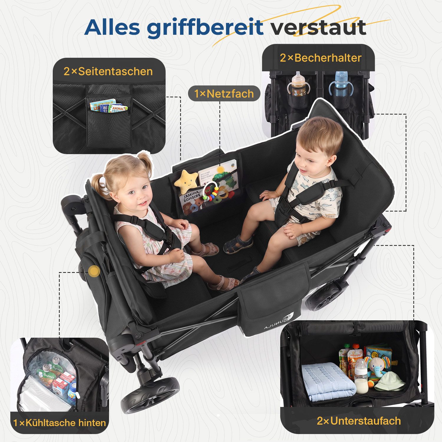 SUNULA Bollerwagen Kinder Bollerwagen für 2 Kinder mit Dach, Schiebe- und Zieh Funktion, Faltbar Kinderwagen mit XXL-Rädern (25/20 cm) und 5-Punkt-Gurtsystem – Bild 5 von 5
