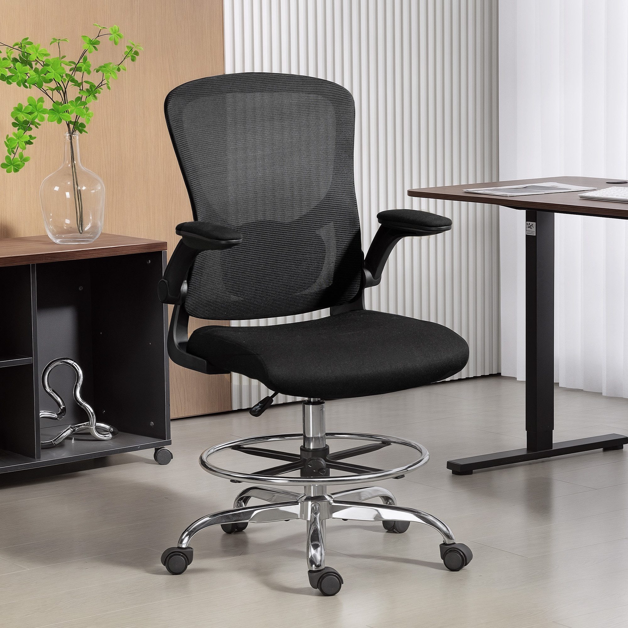 HOMCOM Bürostuhl Schreibtischstuhl Hochklappbar Armlehne, Zeichenstuhl Netzstoff (Computerstuhl, 1 St), für Homeoffice, Studio, Kunstprojekte, Schwarz
