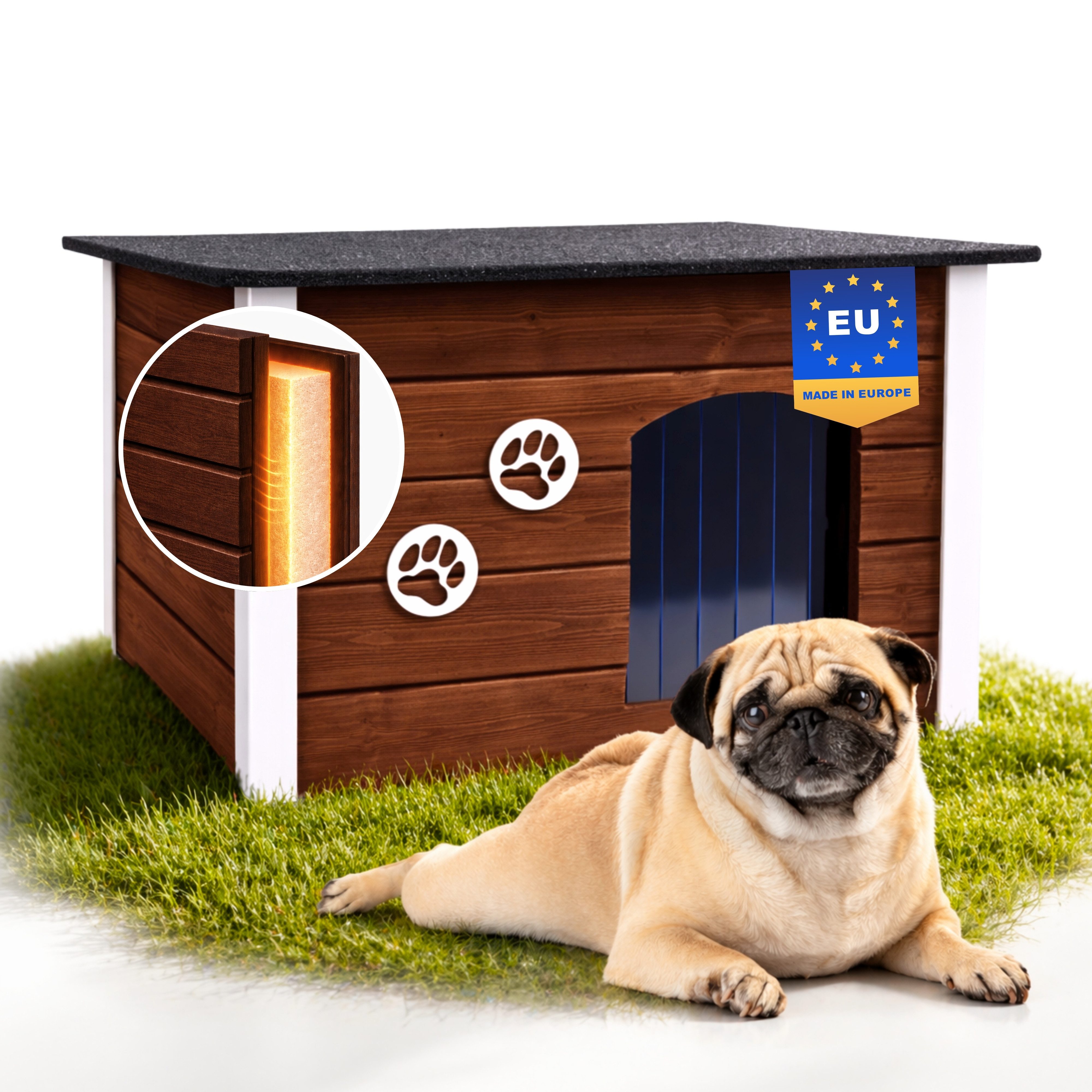 Outentin Hundehütte Holzhaus für Hunde outdoor, isoliert - Flachdach, 4 Farben, L/XL, Isoliert; Flachdach; Aufklappbar; Ungiftige Imprägnierung