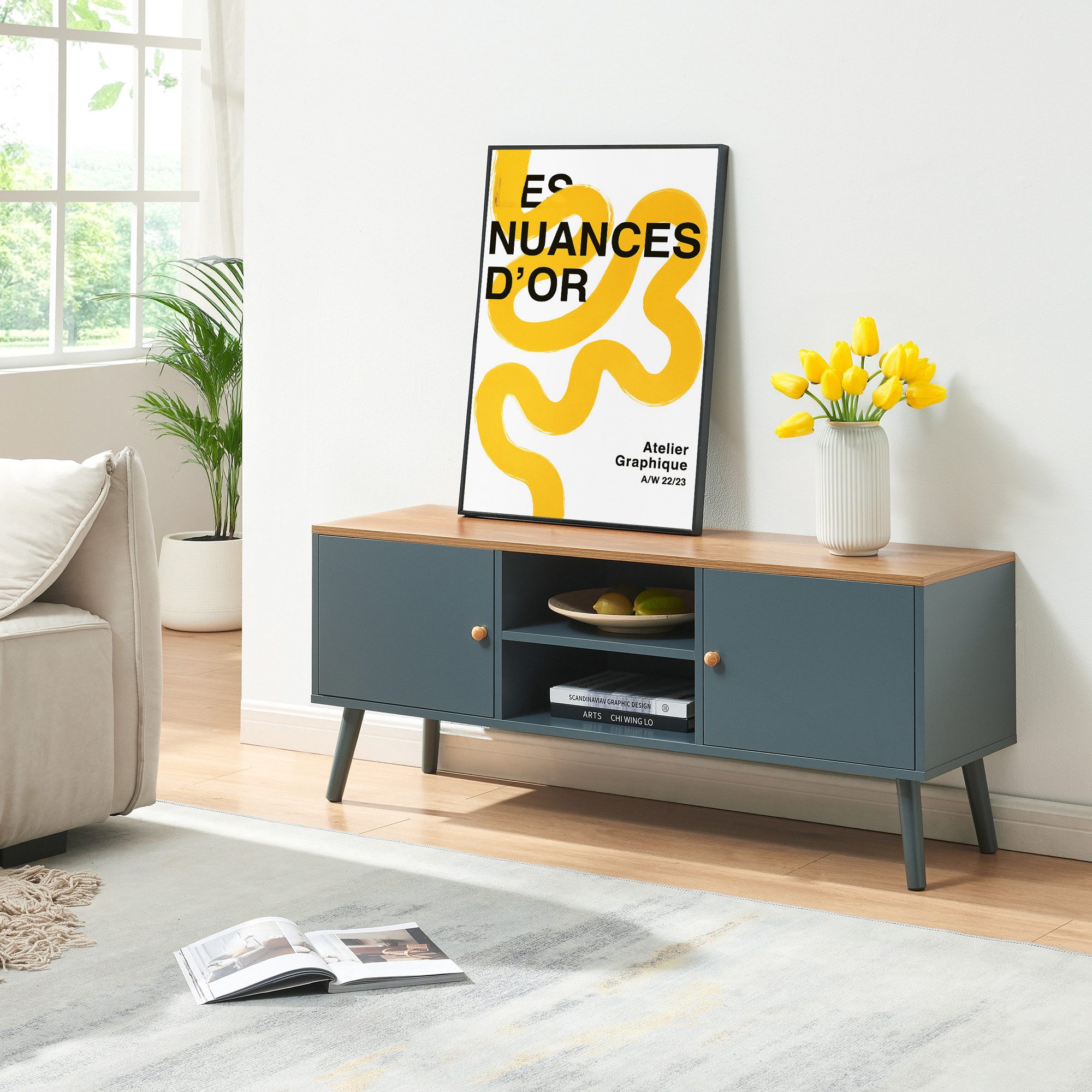 en.casa TV-Schrank »Reyljand« mit 2 Türen 120x35x50 cm Grau / Eicheoptik günstig online kaufen