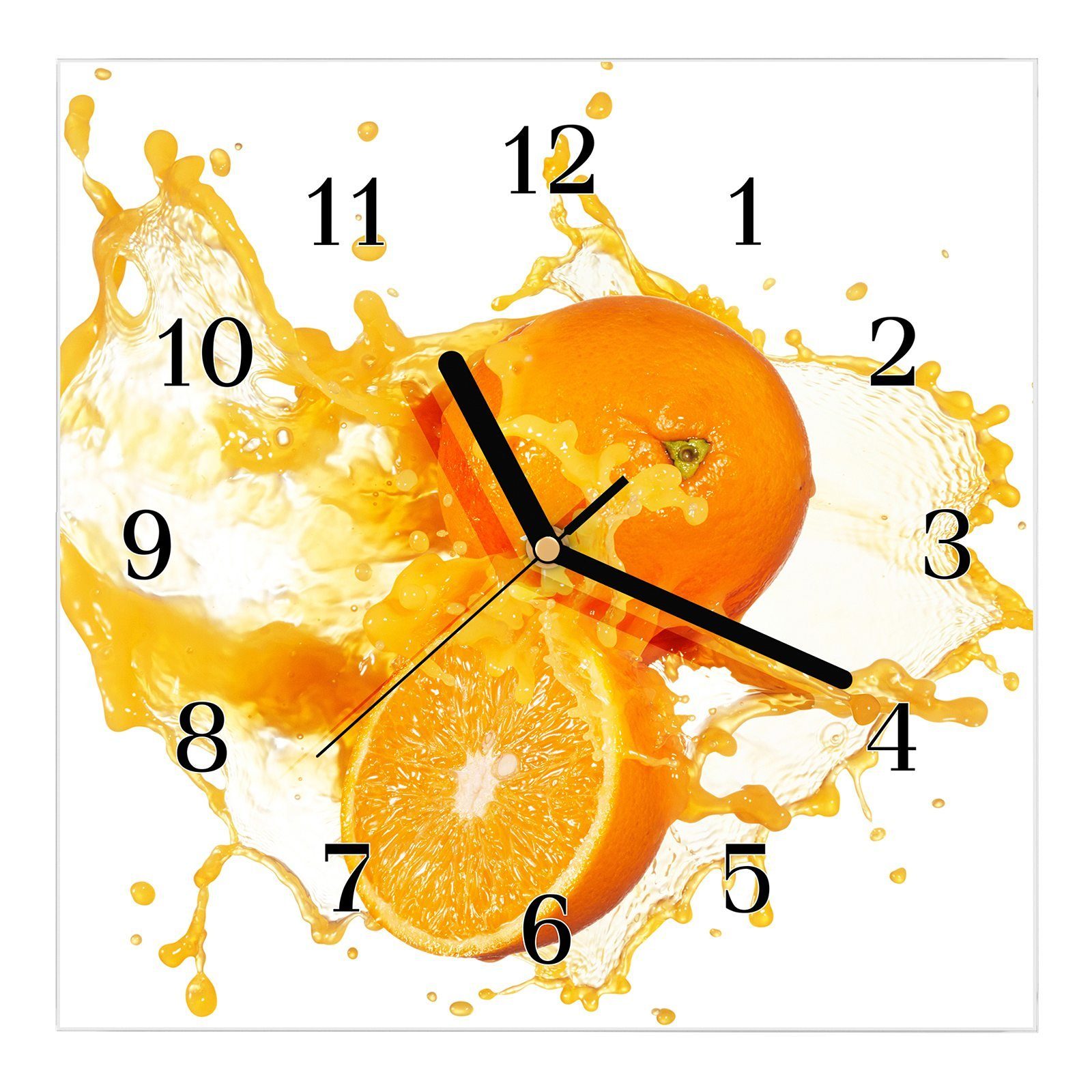 Primedeco Wanduhr Glasuhr Wanduhr Wandkunst Größe 30 x 30 cm mit Motiv Saft aus Orange