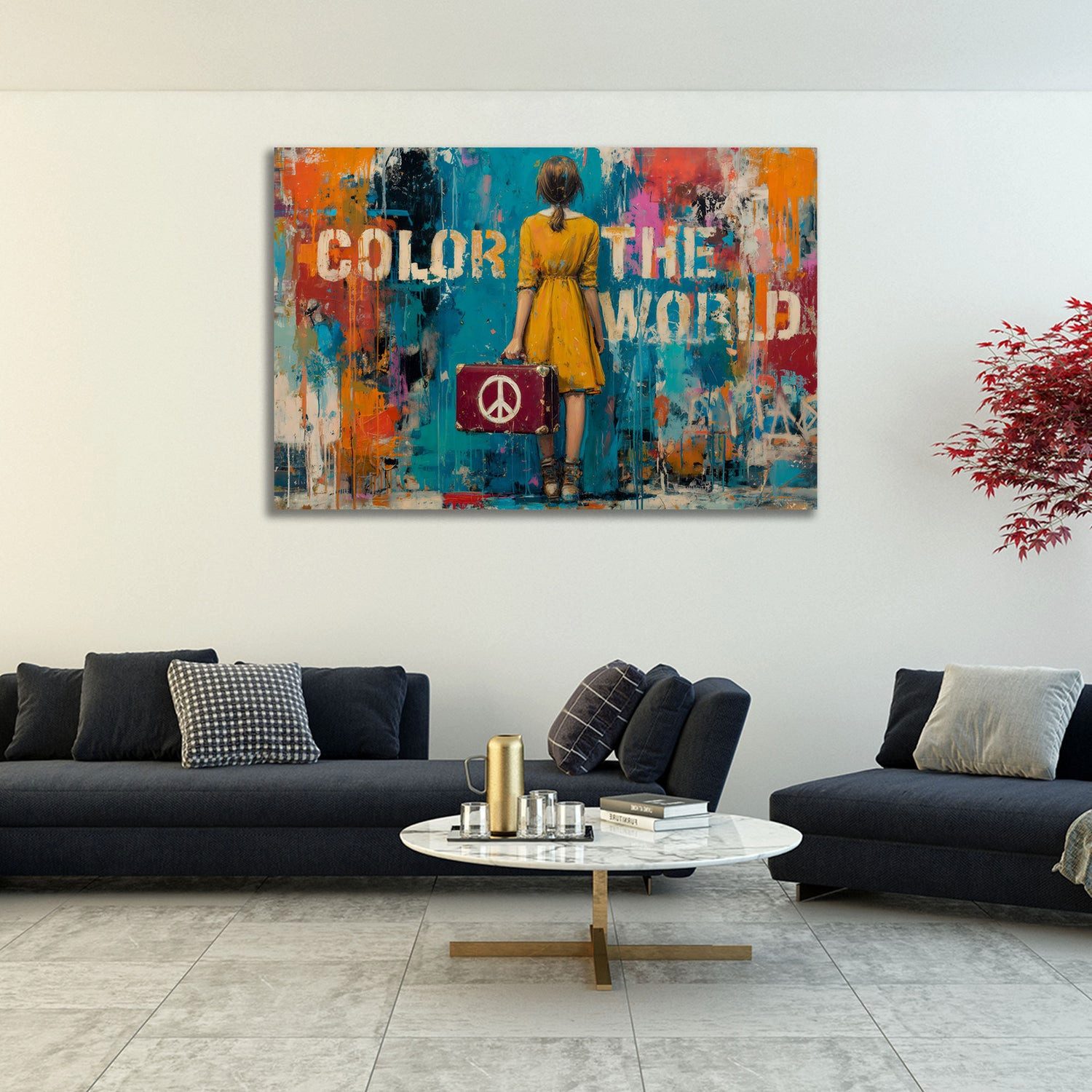 Artedinoi Leinwandbild Mädchen mit Koffer Peace Zeichen Wandbild Leinwandbild Kunstdruck XL D, Mädchen mit Koffer, Peace-Zeichen