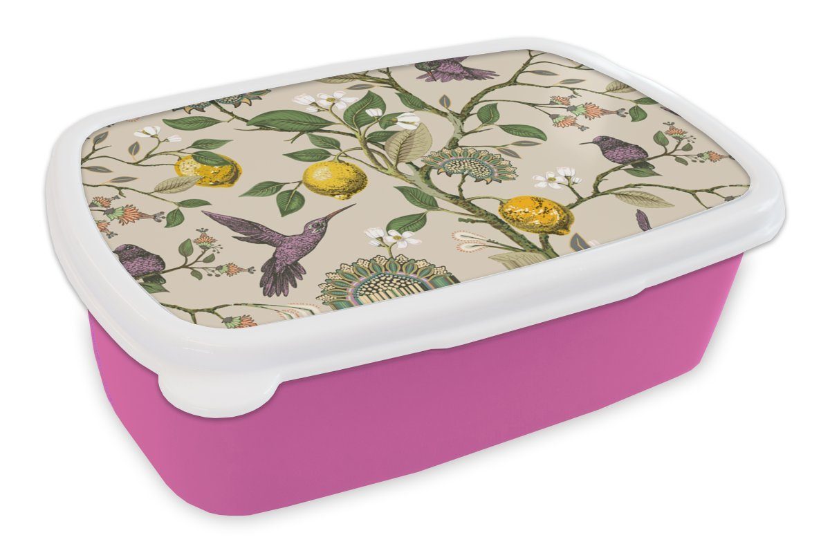 MuchoWow Lunchbox Muster - Vogel - Pflanzen - Obst, Kunststoff, (2-tlg), Brotbox für Erwachsene, Brotdose Kinder, Snackbox, Mädchen, Kunststoff rosa | Lunchboxen