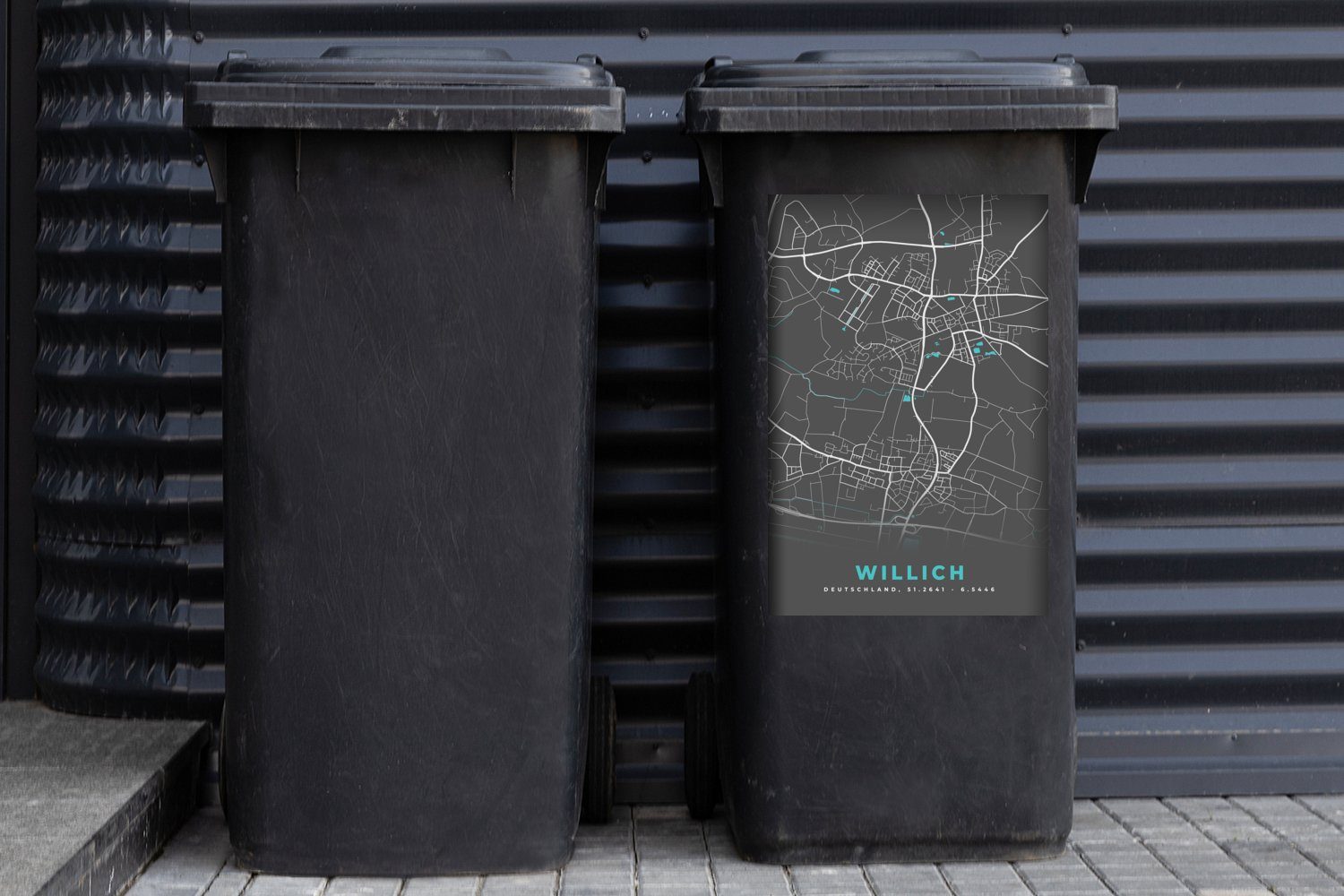 MuchoWow Wandsticker Stadtplan - Mülleimer-aufkleber, Container, - (1 - Sticker, Abfalbehälter Willich Deutschland Karte - St), - Mülltonne, Karte Blau