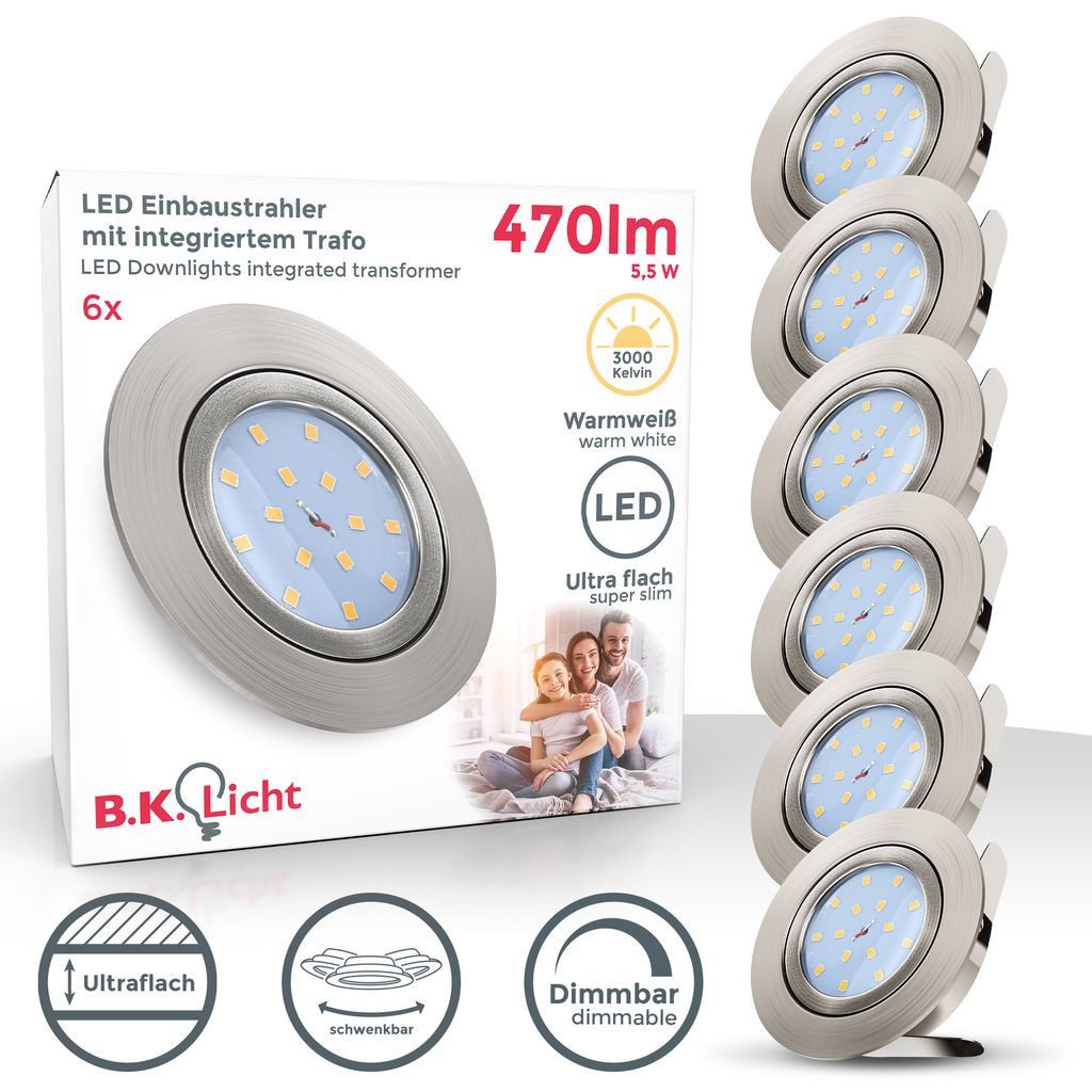 B.K.Licht LED Einbaustrahler 6er SET dimmbar Einbauleuchten 82mm ultra-flach schwenkbar 10-05-06-S, Dimmfunktion, LED wechselbar, Warmweiß, 3000K Einbauspots 5,5W 470lm Leuchtmittel matt-Nickel Wohnzimmer Küche
