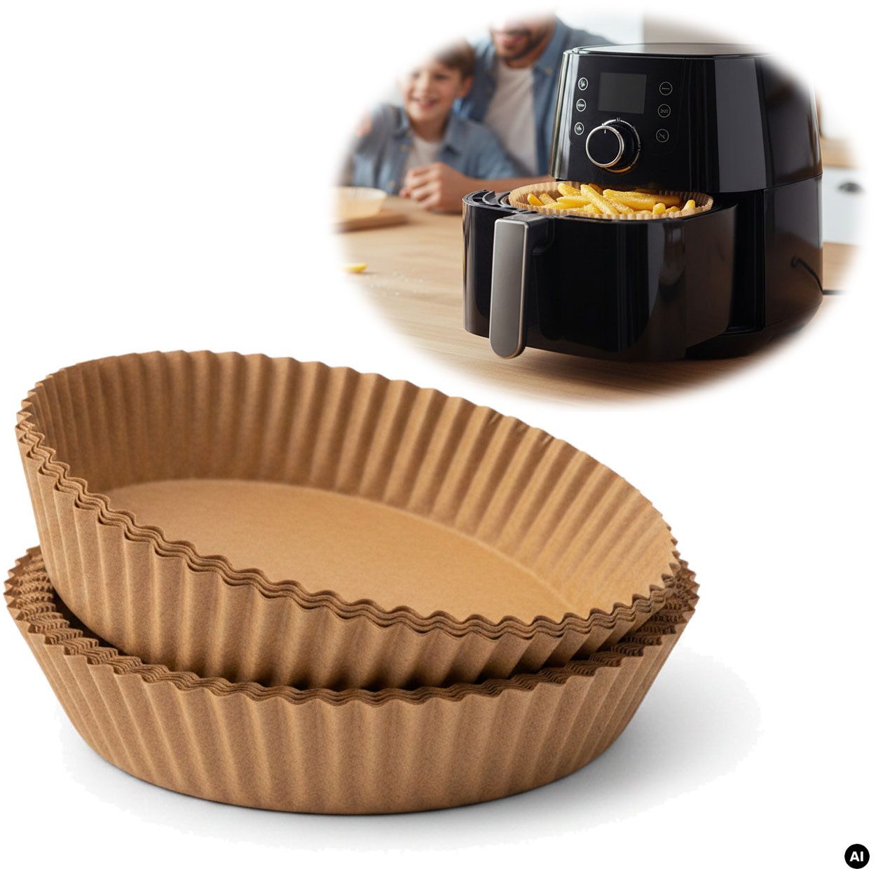 LS-LebenStil Backpapier Rund 16cm Set 100 Stück FSC für Airfryer Heißluftfritteuse Ninja, FSC zertifiziert, Antihaftbeschichtete Einweg Backeinlagen Zuschnitte