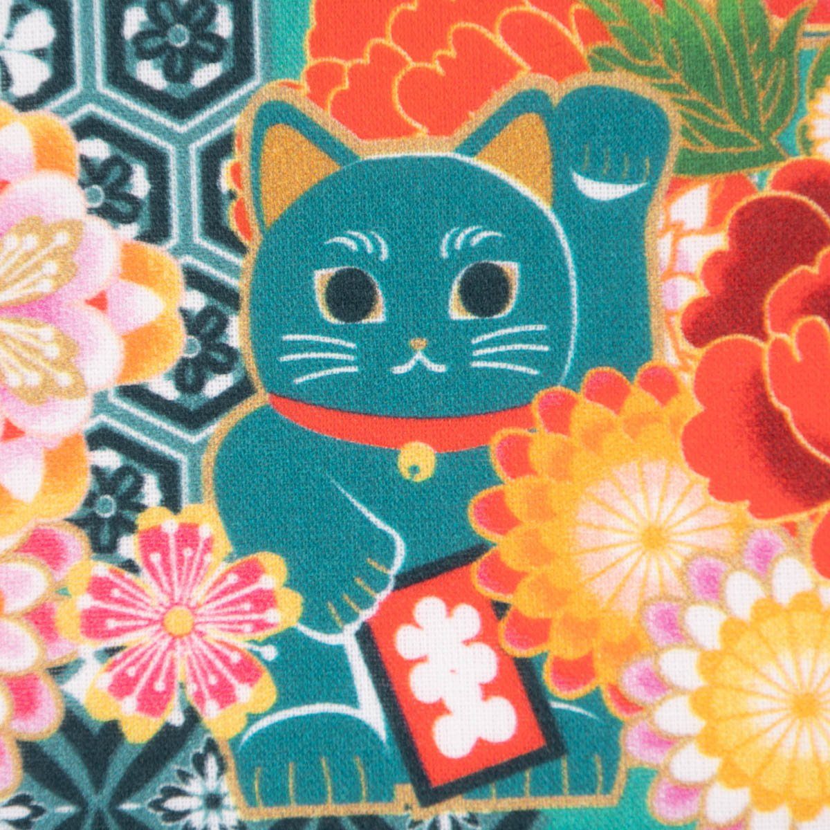 SCHÖNER LEBEN. Stoff Baumwollstoff Digitaldruck MIYUKI Winkekatze Blumen türkis bunt 1,5m