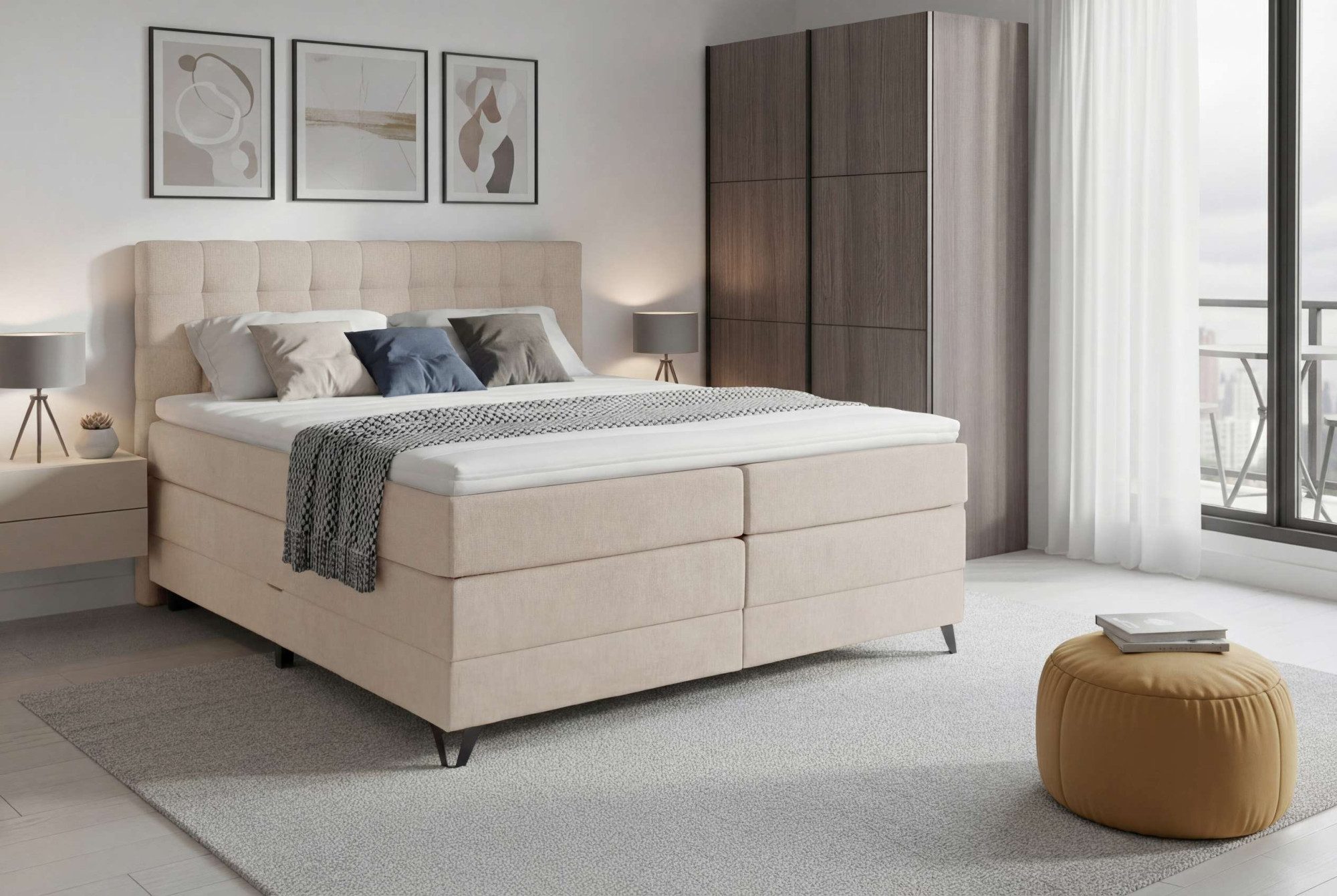 Home affaire Boxspringbett Ilona, Doppelbett, Polsterbett, Federkernbett, Komforbett, 160, 180 cm, inkl. Topper, zwei Bettkästen, Taschen-Federkernmatratze, Härtegrad 3