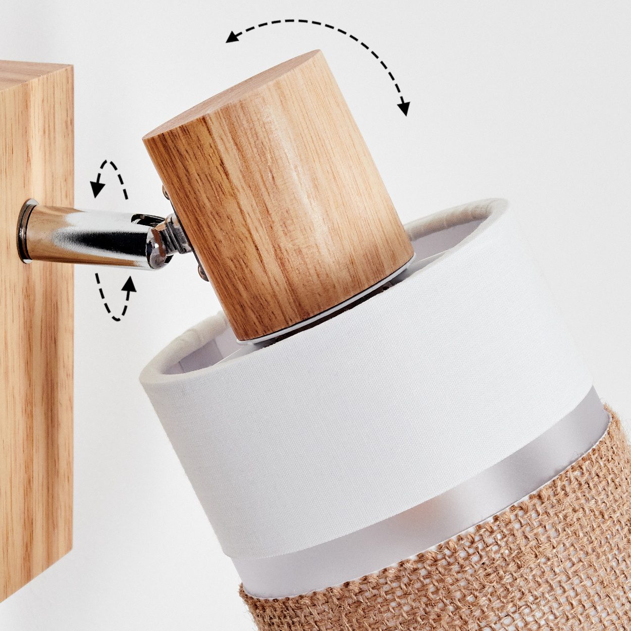 hofstein Wandleuchte Wandlampe aus Holz/Metall/Stoff/Leinen in Natur/Chrom/Weiß/Klar, ohne Leuchtmittel, verstellbare Wandleuchte im modernen Boho-Design (Schirm 9 cm), E14