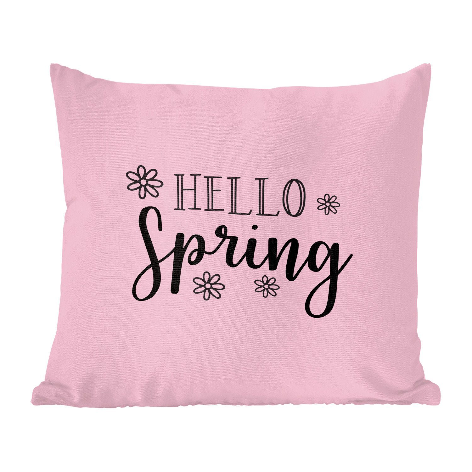 MuchoWow Dekokissen Frühlingszitat "Hallo Frühling" auf einem rosa Hintergrund, Zierkissen mit Füllung für Wohzimmer, Schlafzimmer, Deko, Sofakissen