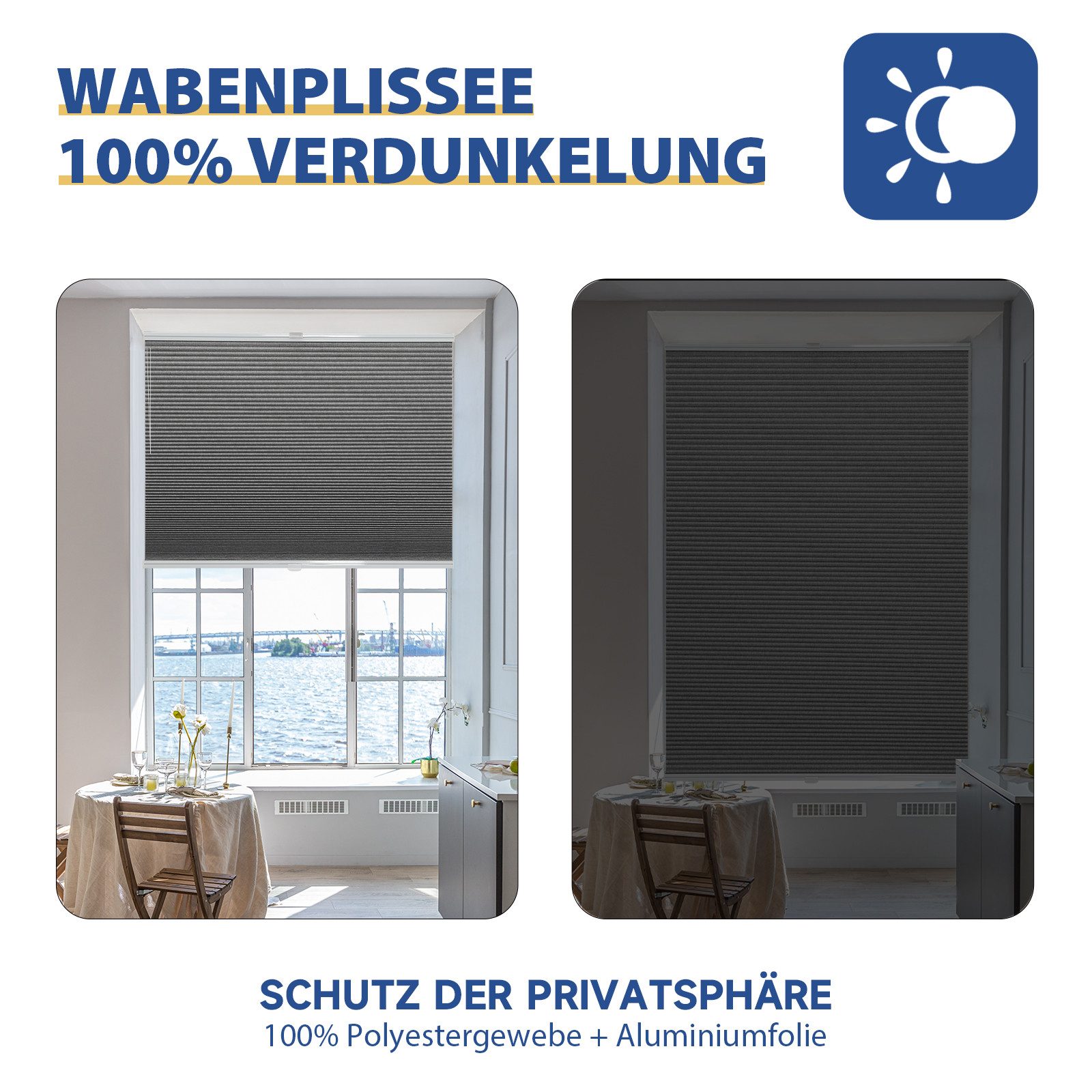 Sekey Wabenplissee Plissee ohne Bohren Verdunkelung Rollo 100% verdunkelnd Blickdicht, verdunkelnd, Klemmfix, Doppelseitige Schiene, Grau mit Textiloptik Thermo-Plissee Hitzeschutz