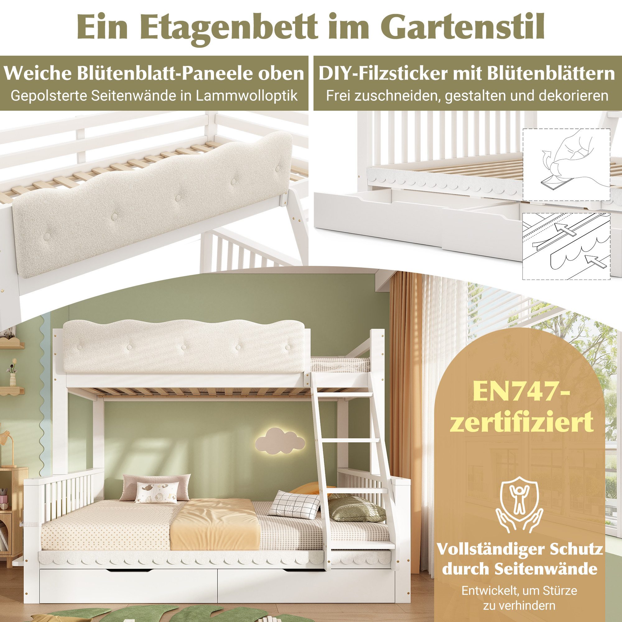 Flieks Etagenbett Kinderbett 90x200+140x200cm, mit Wolken-Geländer, Schubladen und Zeitschriftenständer – Bild 5 von 5