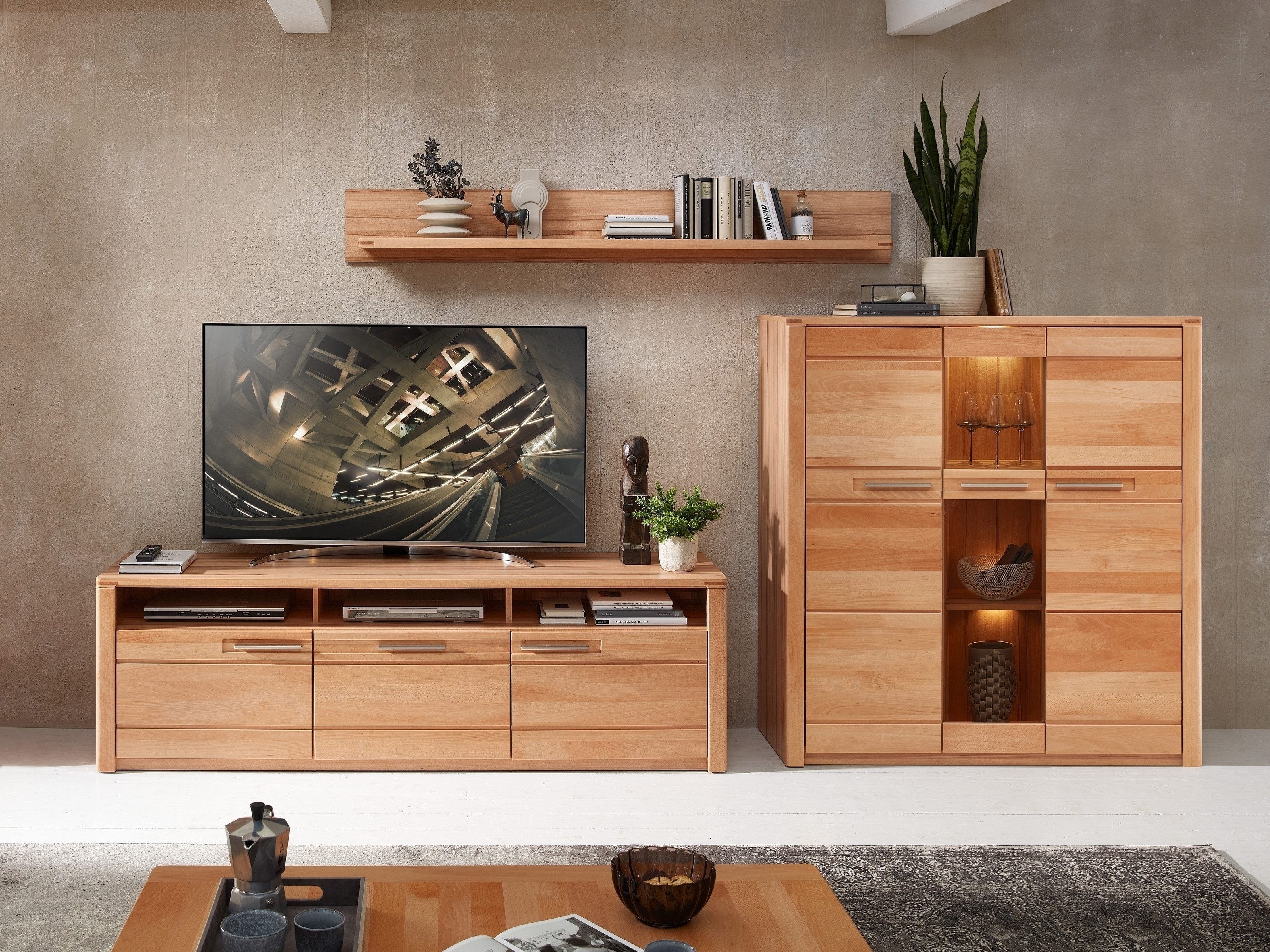 freiraum Wohnwand Nature One, 3-teilig, mit LED, FSC, in Kernbuche teimassiv - 330x180x45cm (B/H/T)