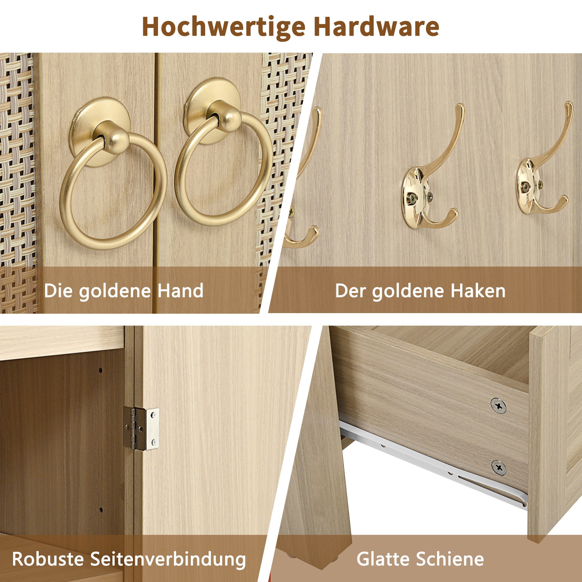Merax Sideboard im Vintage-Rattan-Stil, Bogenförmiger Schrank (1 St., 80 L x 40 B x 180 H), Kommode mit 2 Türen, 2 Schubladen und Stauraum, Aufbewahrungsmöbel