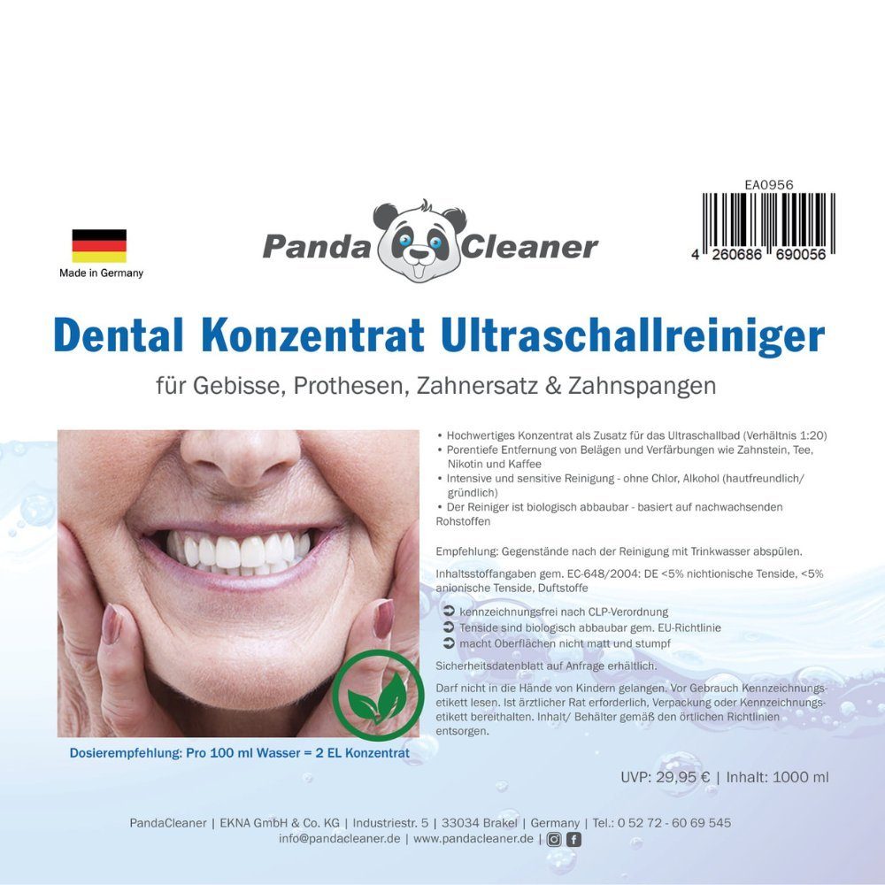 PandaCleaner Dental Konzentrat Ultraschallreiniger - Für Gebisse & Prothesen Reinigungskonzentrat (1-St. 1000ml Reinigungsflüssigkeit)