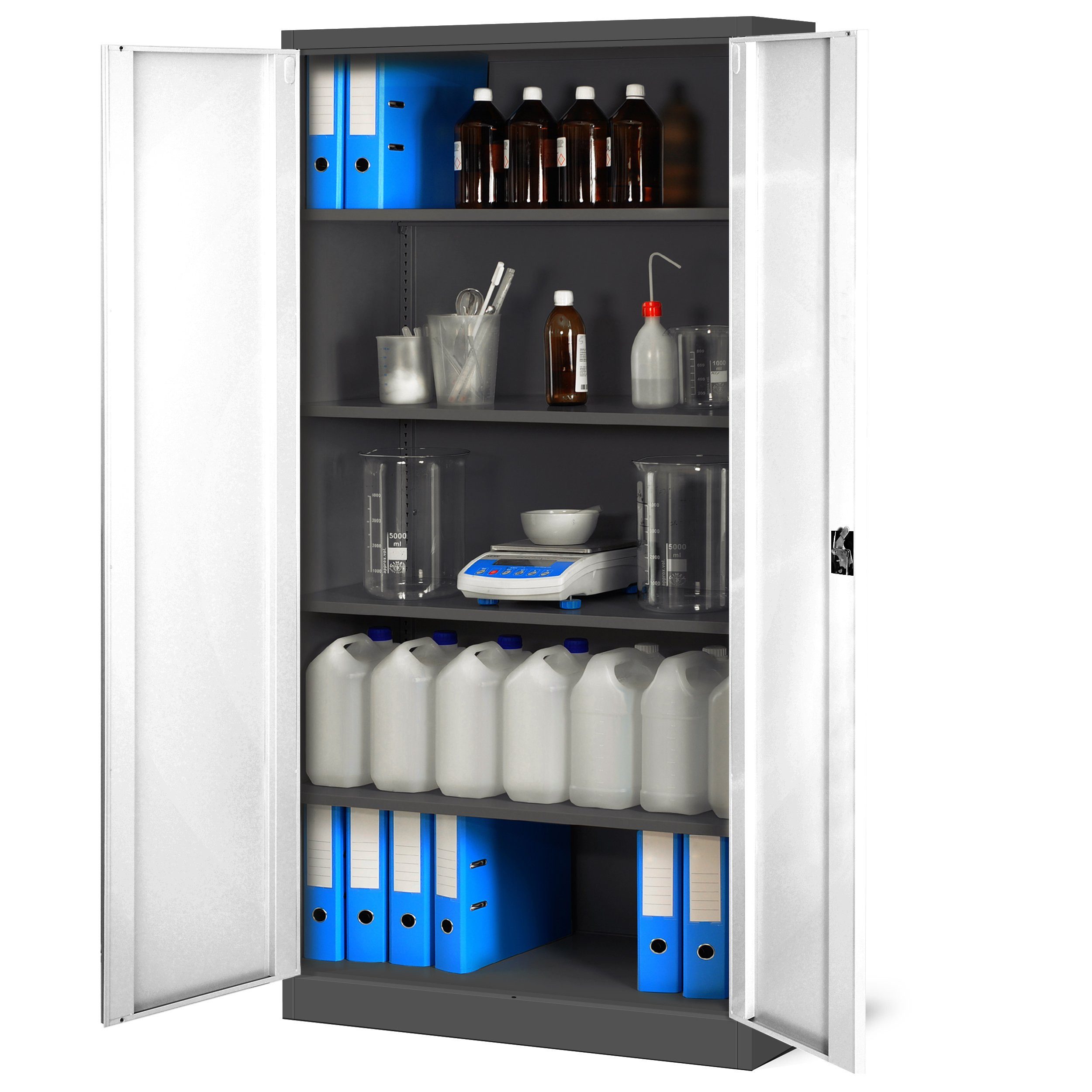 Jan Nowak Aktenschrank Metall Büroschrank abschließbar 90 cm JAN H 4 Böden Stahl (Kaltwalzstahl 0,6 mm Wandmontage möglich PZH-zertifiziert) Ordnerschrank 50 Ordner Schloss 2 Schlüssel robust 14 Farben