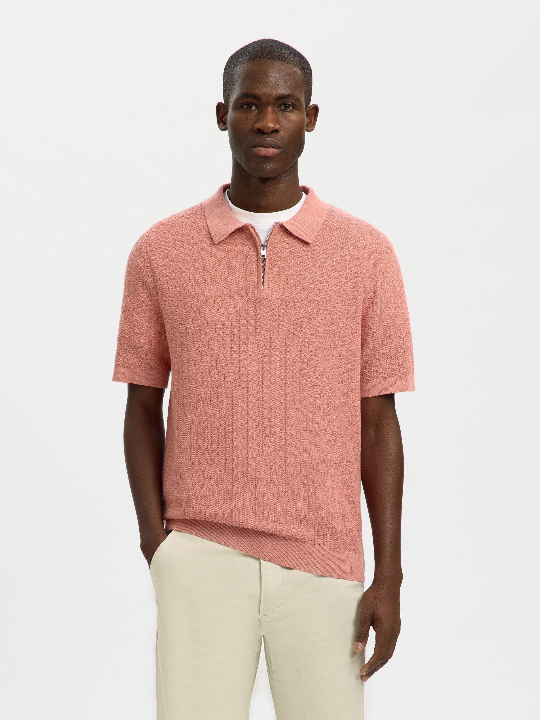 SELECTED HOMME Strickpullover SLMCRAN SS KNIT STRUCTURE ZIP POLO