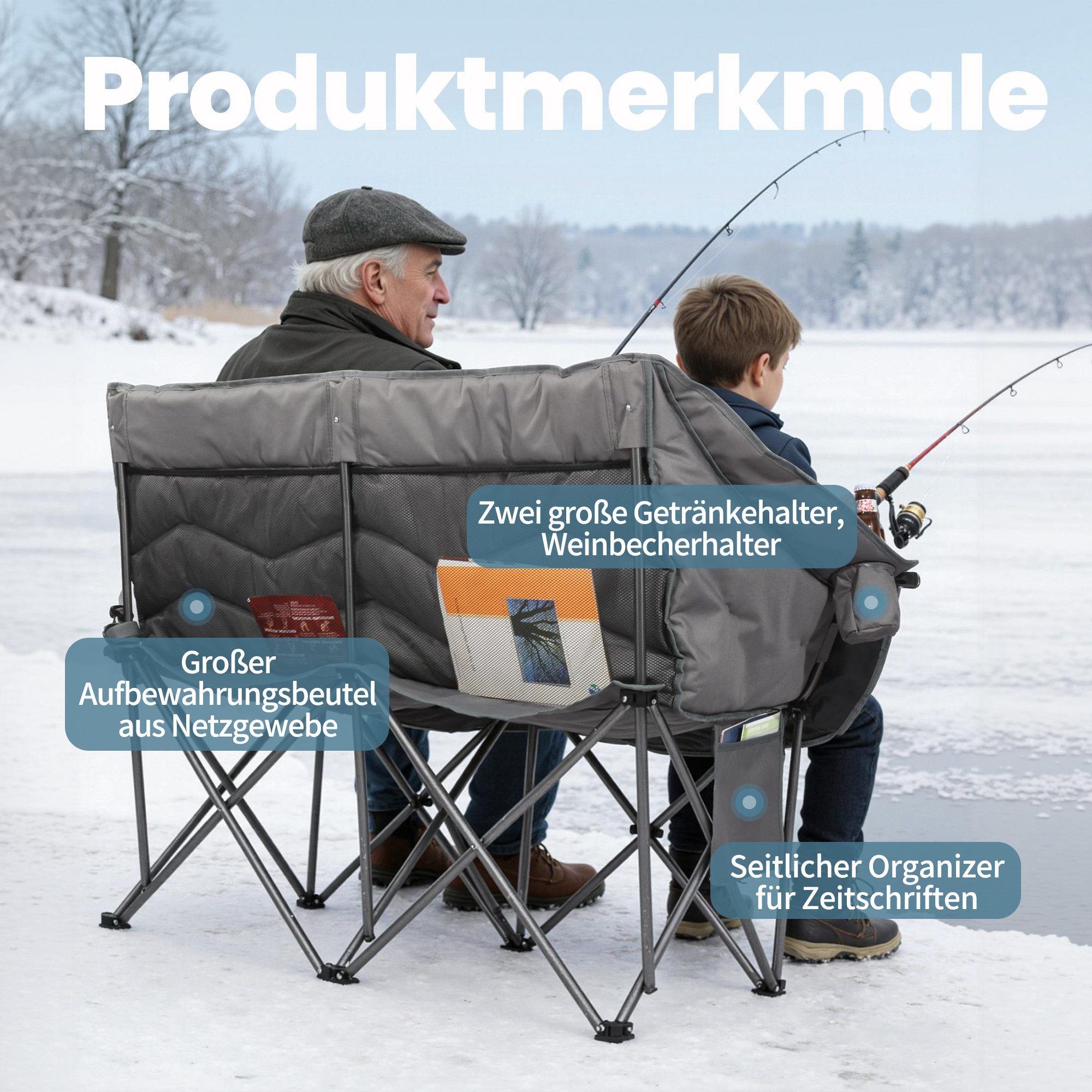 HOMECALL Campingstuhl Camping Sofa faltbar XXL für 2 Personen Luxus Camping Couch Doppelter (mit 107 cm Sitzbreite, hoher Rückenlehne und 2 Getränkehaltern), Ca – Bild 4 von 5