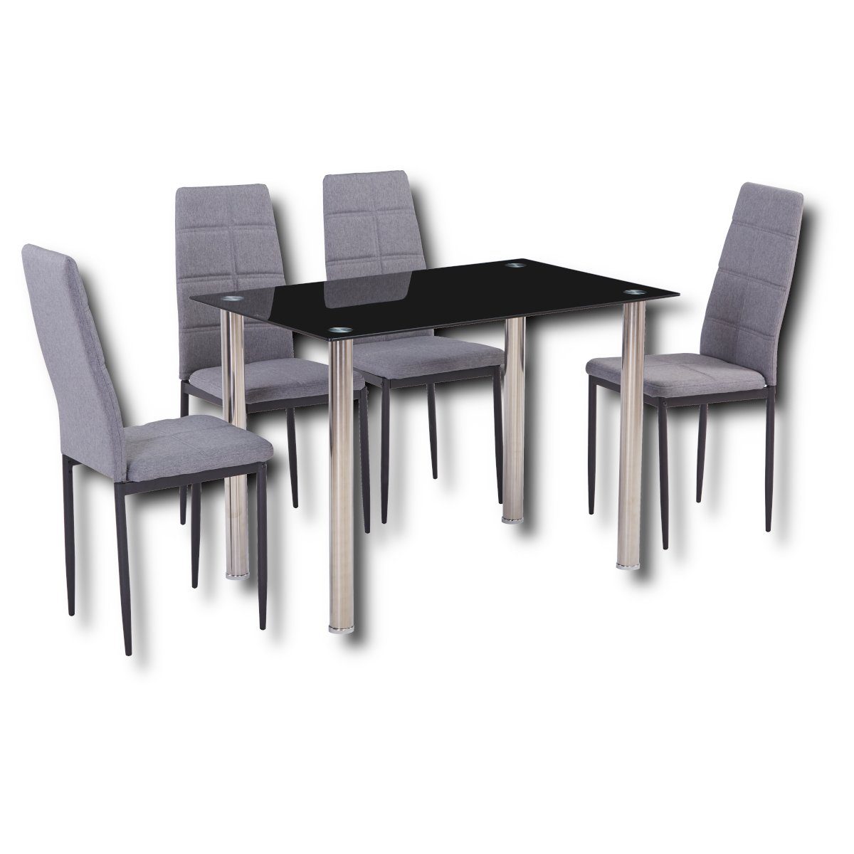 HOOZ Essgruppe fürs Esszimmer, Küche und Wohnzimmer Tischplatte 6 mm Sicherheitsglas, (Set, 5-tlg., Tisch mit 4 Stühlen), Tischplatte schwarz, Bezug Stühle grau