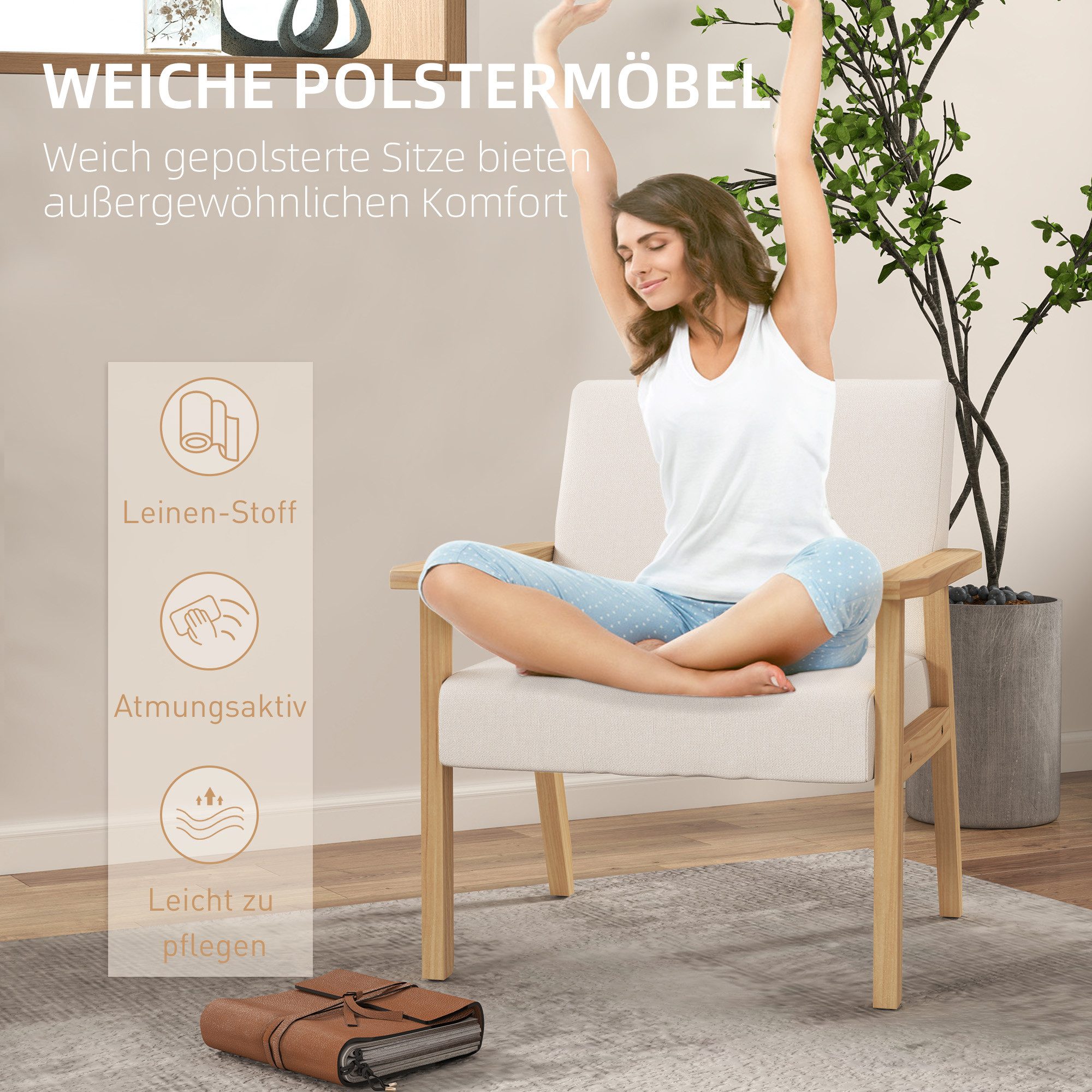 HOMCOM Relaxsessel Sessel Wohnzimmer mit Massivholzbeine, Lesesessel mit Leinenoptik (Akzentsessel, 1-St., Sessel), Cremeweiß, 64 x 70 x 72 cm – Bild 5 von 5