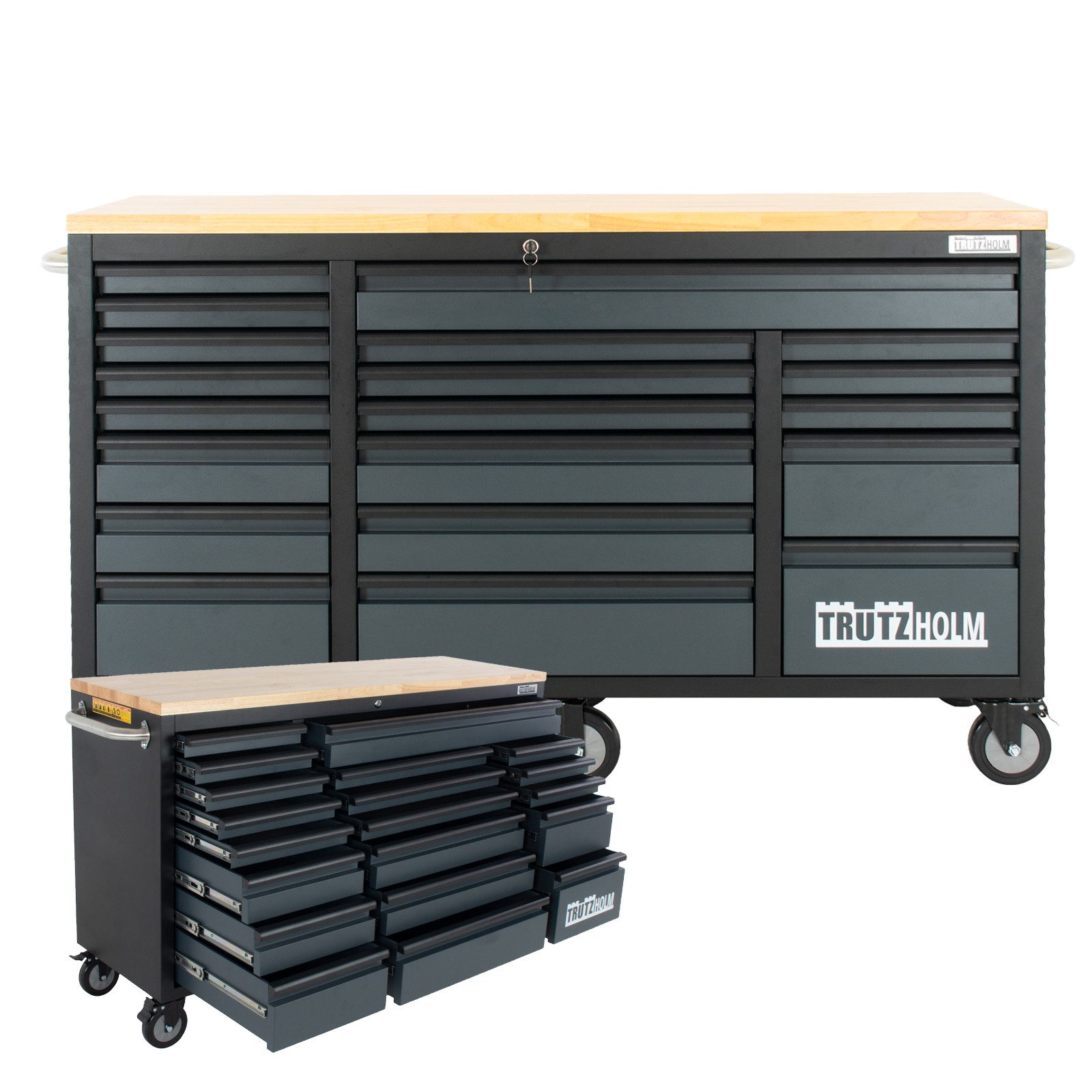 TRUTZHOLM Тележка для мастерских Deluxe XXL Anthrazit unbestückt 160 x 91 cm 20 Schubladen Werkbank, 20 Schubladen, Anthrazit, 6 schwenkbare Rollen, 4 Rollen mit Feststellbremse, pulverbeschichteter Stahl, Hartholz Arbeitsplatte, max. Traglast:750 kg, (Artikel, 1-tlg)