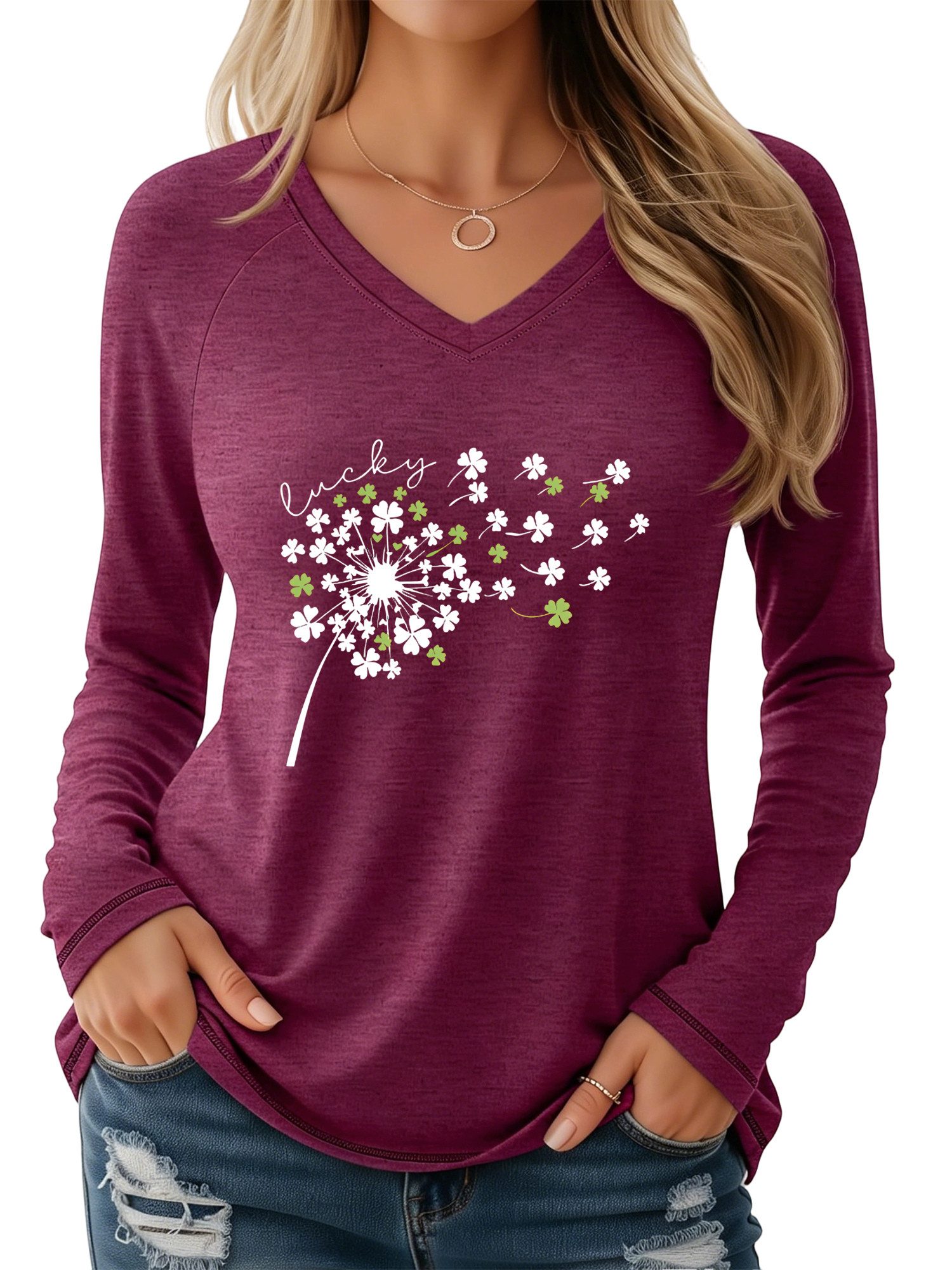 PYLIKE Print-Shirt Damen V-Ausschnitt Longsleeve mit Löwenzahn Print-Shirt Geeignet für den täglichen Gebrauch im Büro und zu Hause