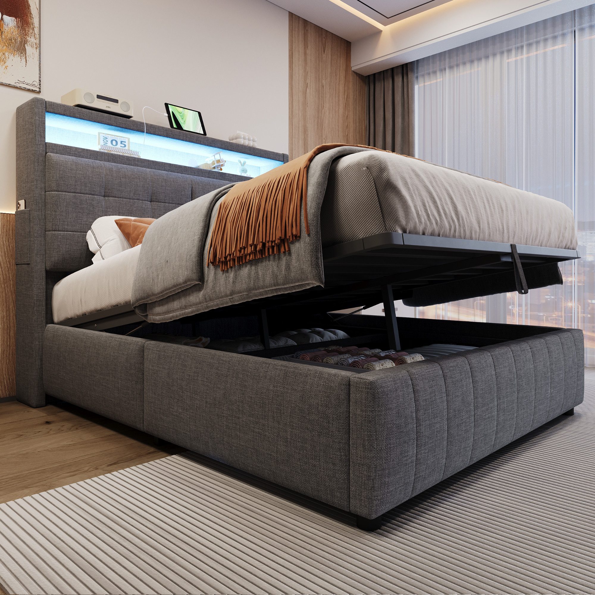 Flieks Polsterbett, LED hydraulisches Doppelbett 140x200cm mit USB-Aufladen günstig online kaufen