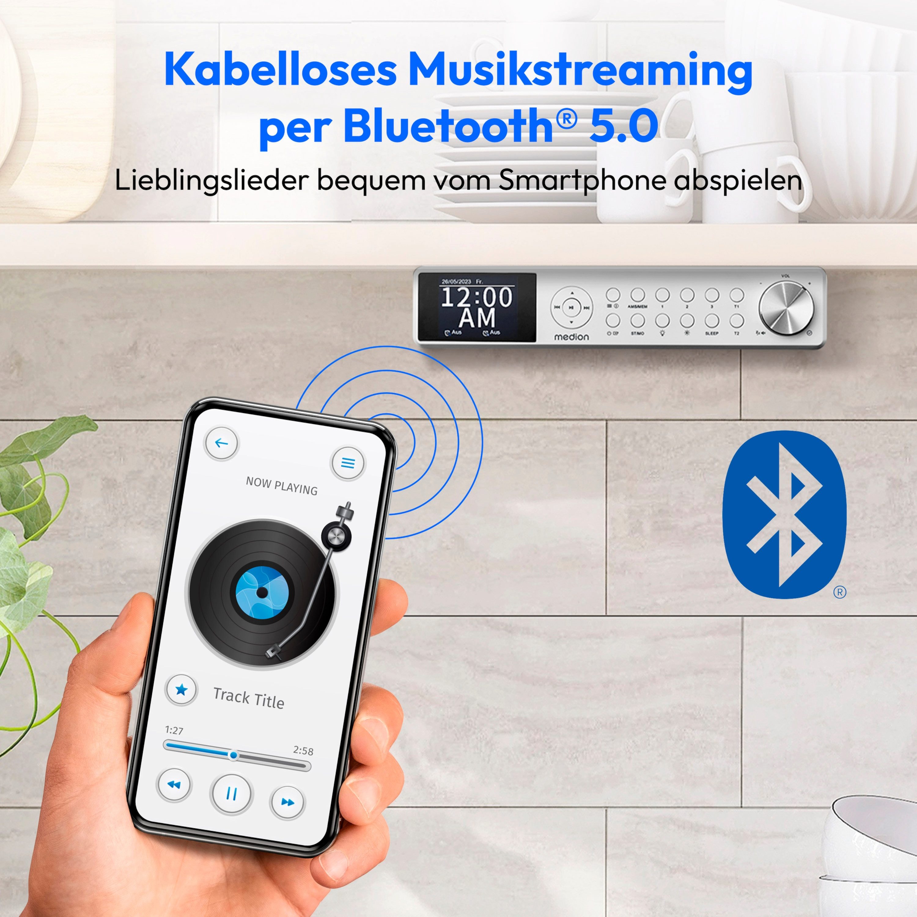 Medion® Radio (AM/FM, MW/UKW, DAB+, 3 W, DAB+ Küchenradio, PLL UKW Radio, dimmbares TFT Farbdisplay, Bluetooth)