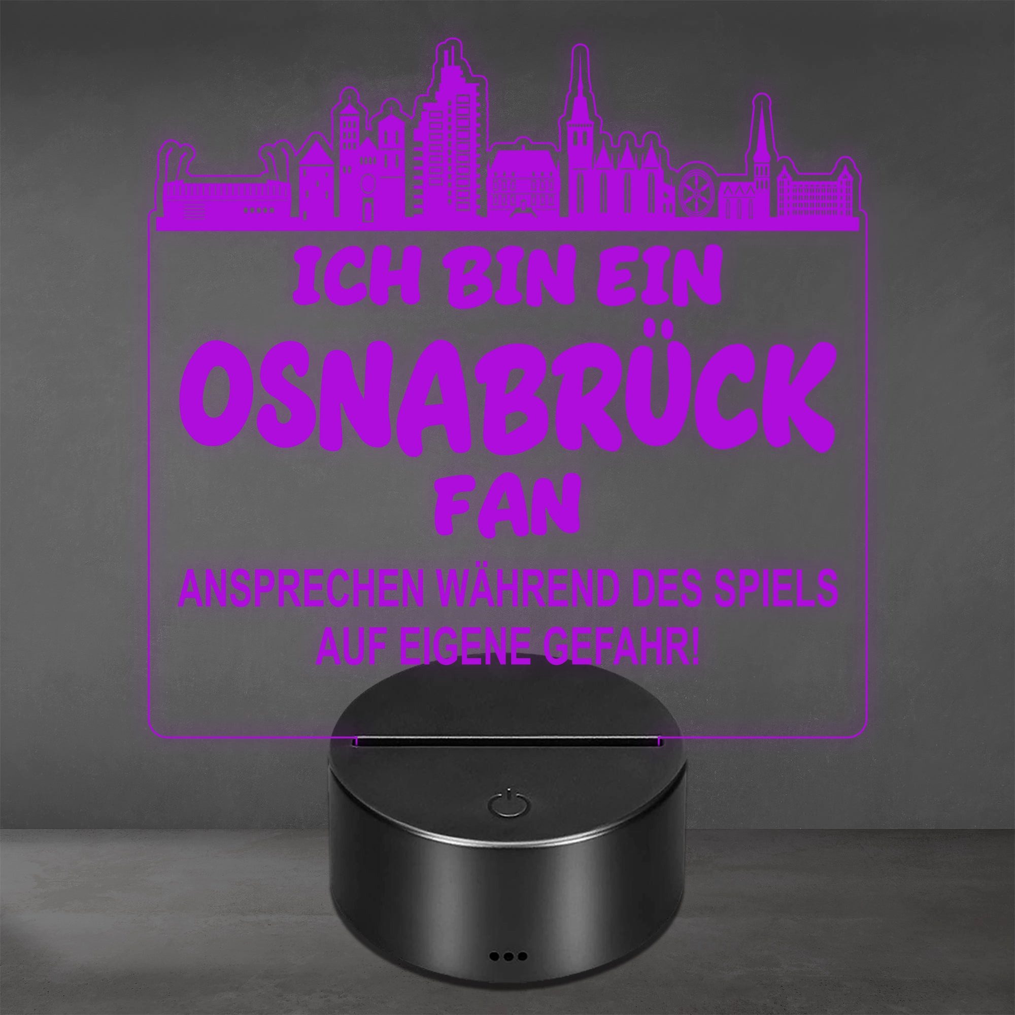 Lieblingsmensch LED Nachtlicht Fußball - Ich bin ein Osnabrück Fan - Ansprechen auf eigene Gefahr, LED fest integriert, Farbwechsel oder feste Farbe mit Fernbedienung & Touch, Man Cave Stimmungslicht – 19x23cm