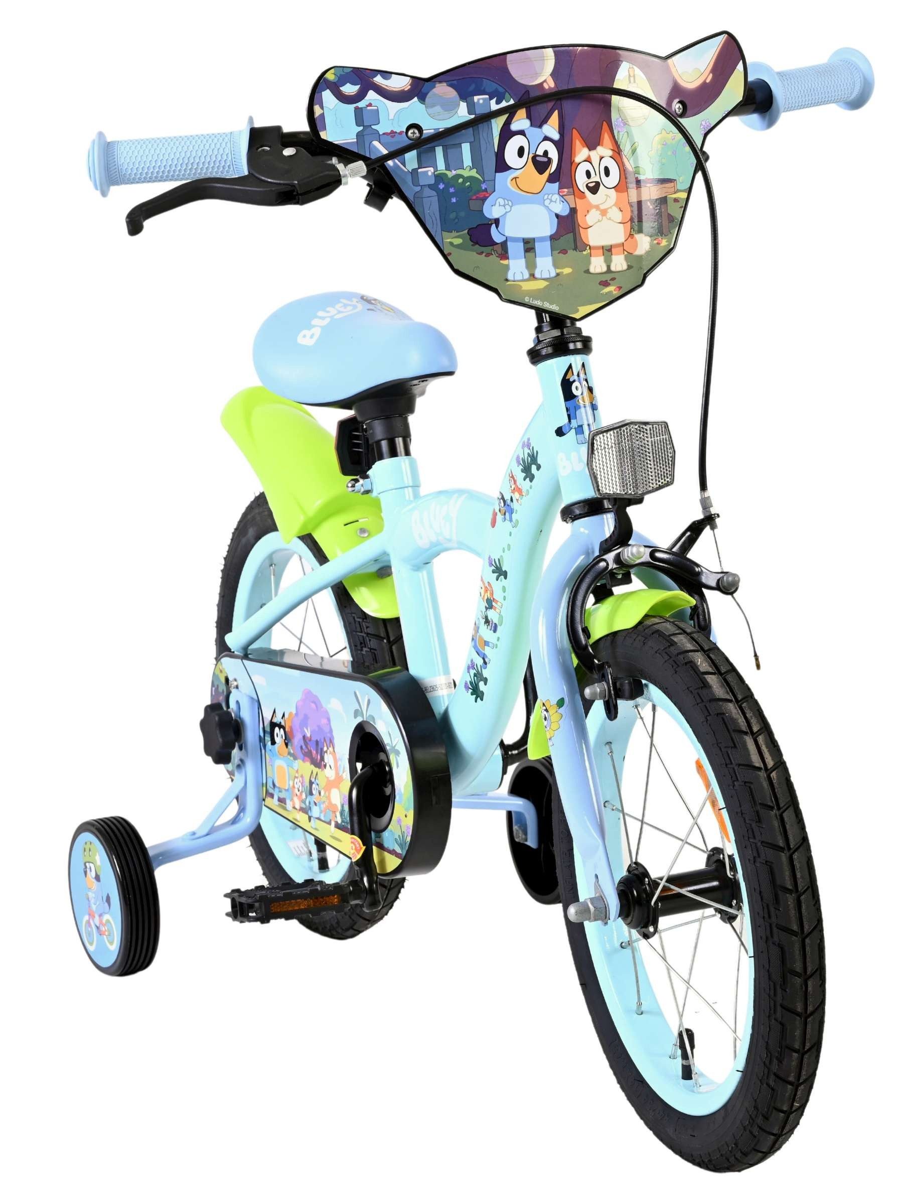 Volare Kinderfahrrad Bluey 14 Zoll Hellblau mit Stützrädern, Handbremse & Rücktrittbremse, Neongrüne Schutzbleche, geschlossener Kettenkasten, Stahlfelgen
