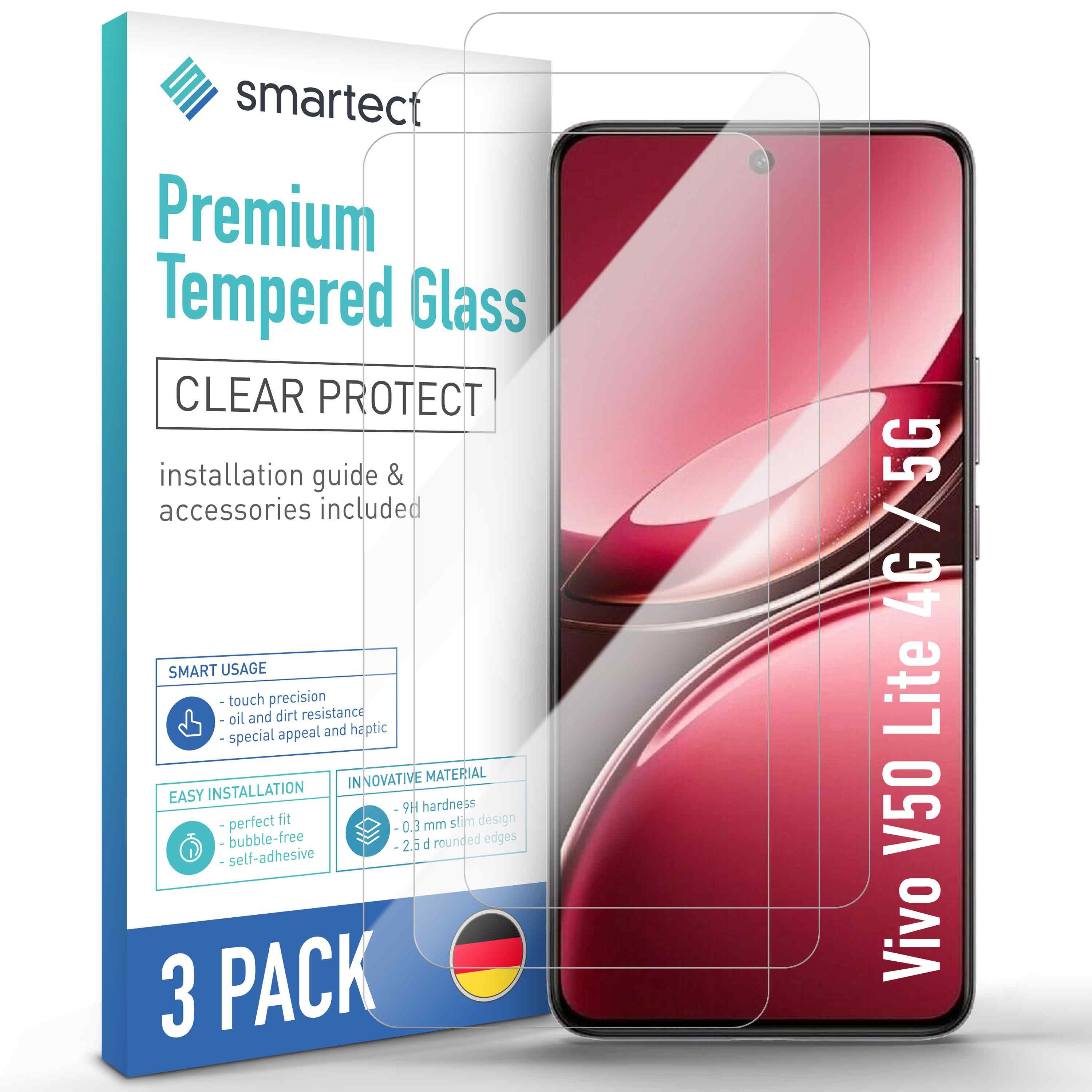 smartect Displayschutzglas Schutzglas Panzerfolie Klar für Vivo V50 Lite 4G / 5G, Set, 3 Stück, Schutzfolie Glasschutz Bildschirm