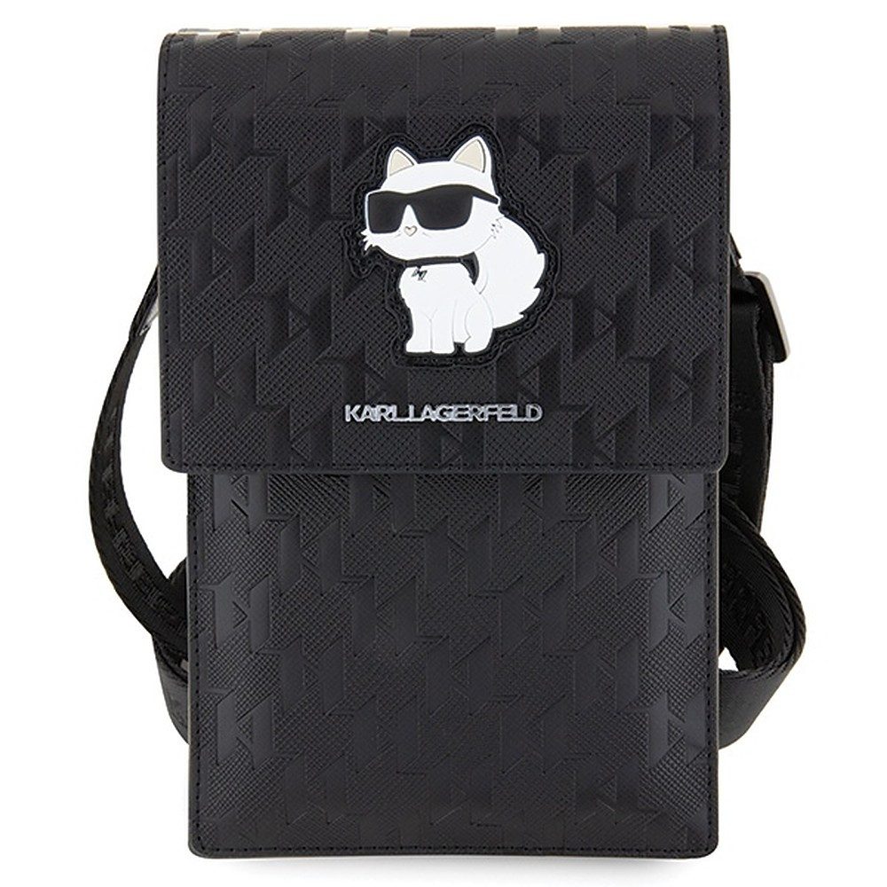 KARL LAGERFELD Handytasche Smartphonetasche Umhängetasche Schultertasche (Spar-Set, 1-tlg., 19 x 12 x 2 cm elegant), Monogramm-Prägung, Choupette-Logo, verstellbarer Riemen