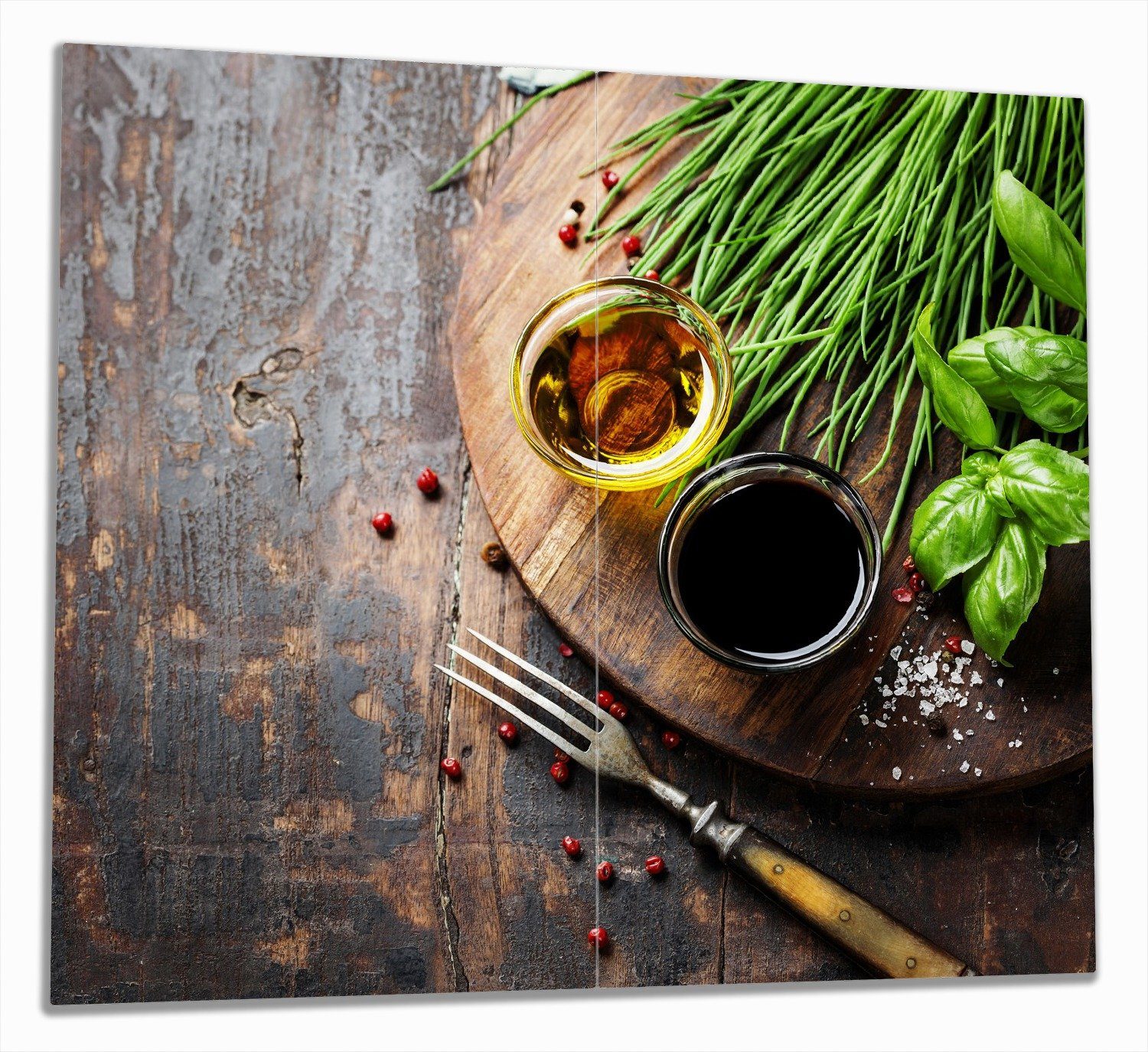 Wallario Herd-Abdeckplatte Kräuter, Öle und Gewürze auf einem Holzbrett, ESG-Sicherheitsglas, (Glasplatte, 2 tlg., inkl. 5mm Noppen), verschiedene Größen